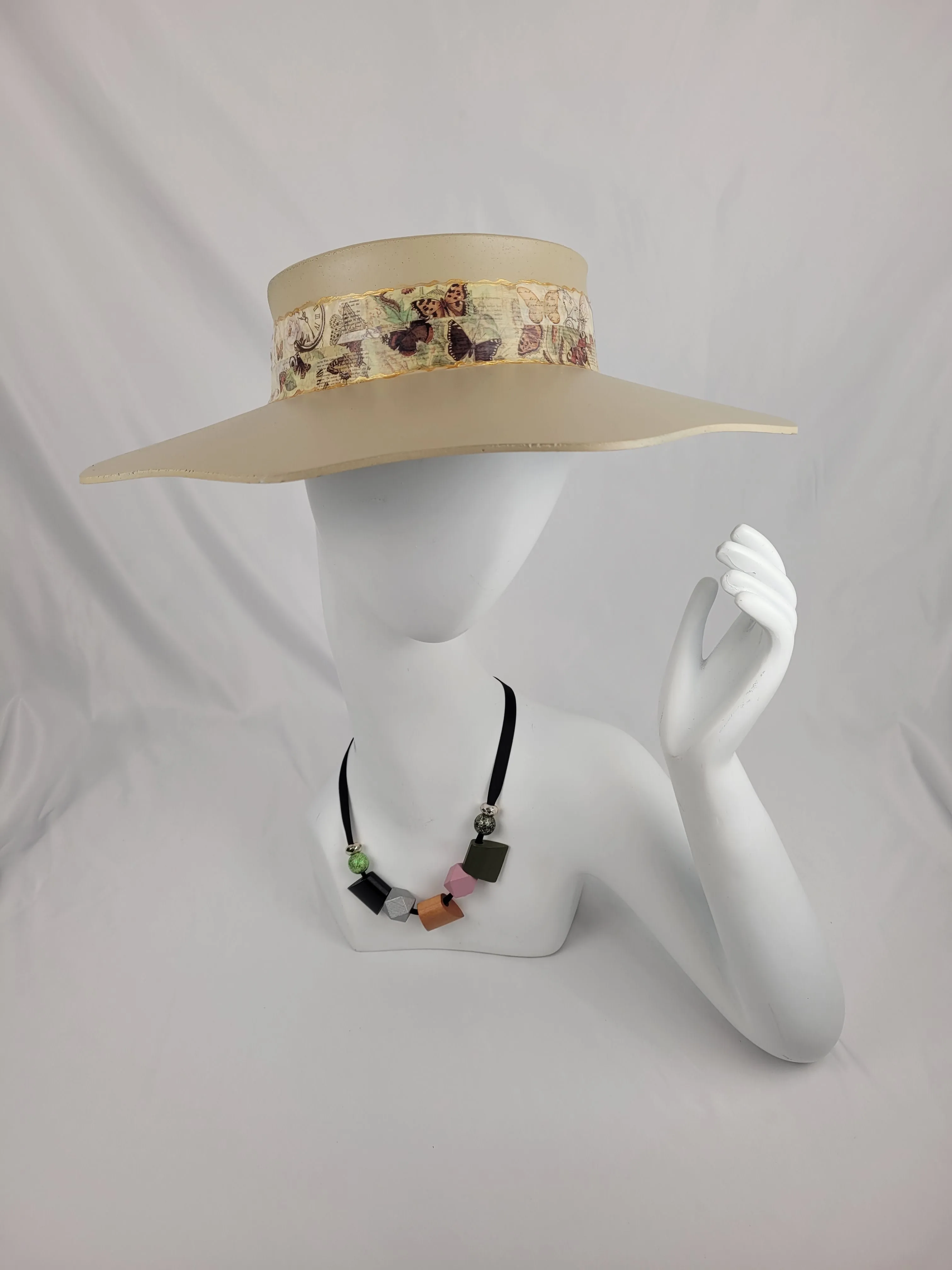 Beige Lotus Visor Hat with Butterfly Band