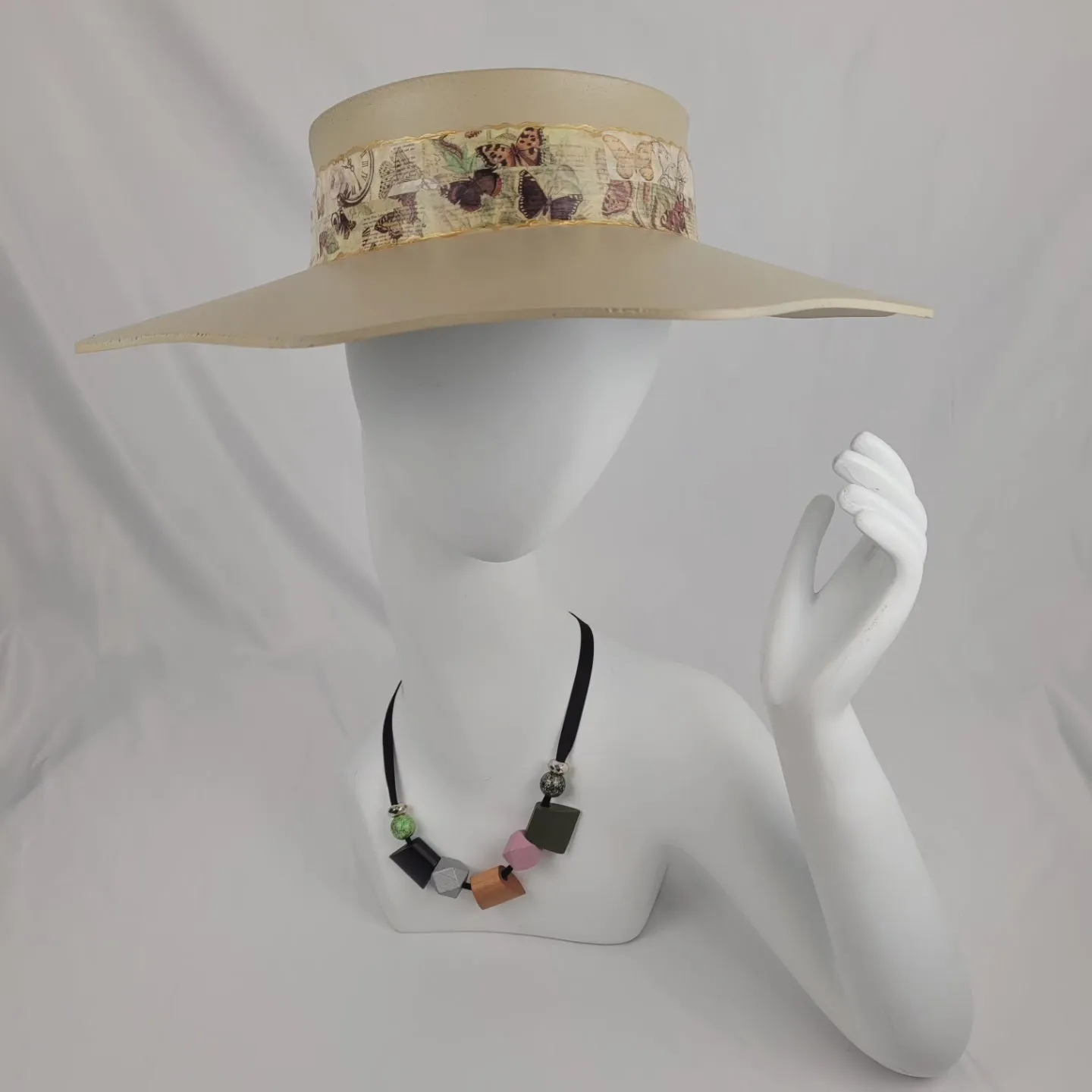 Beige Lotus Visor Hat with Butterfly Band