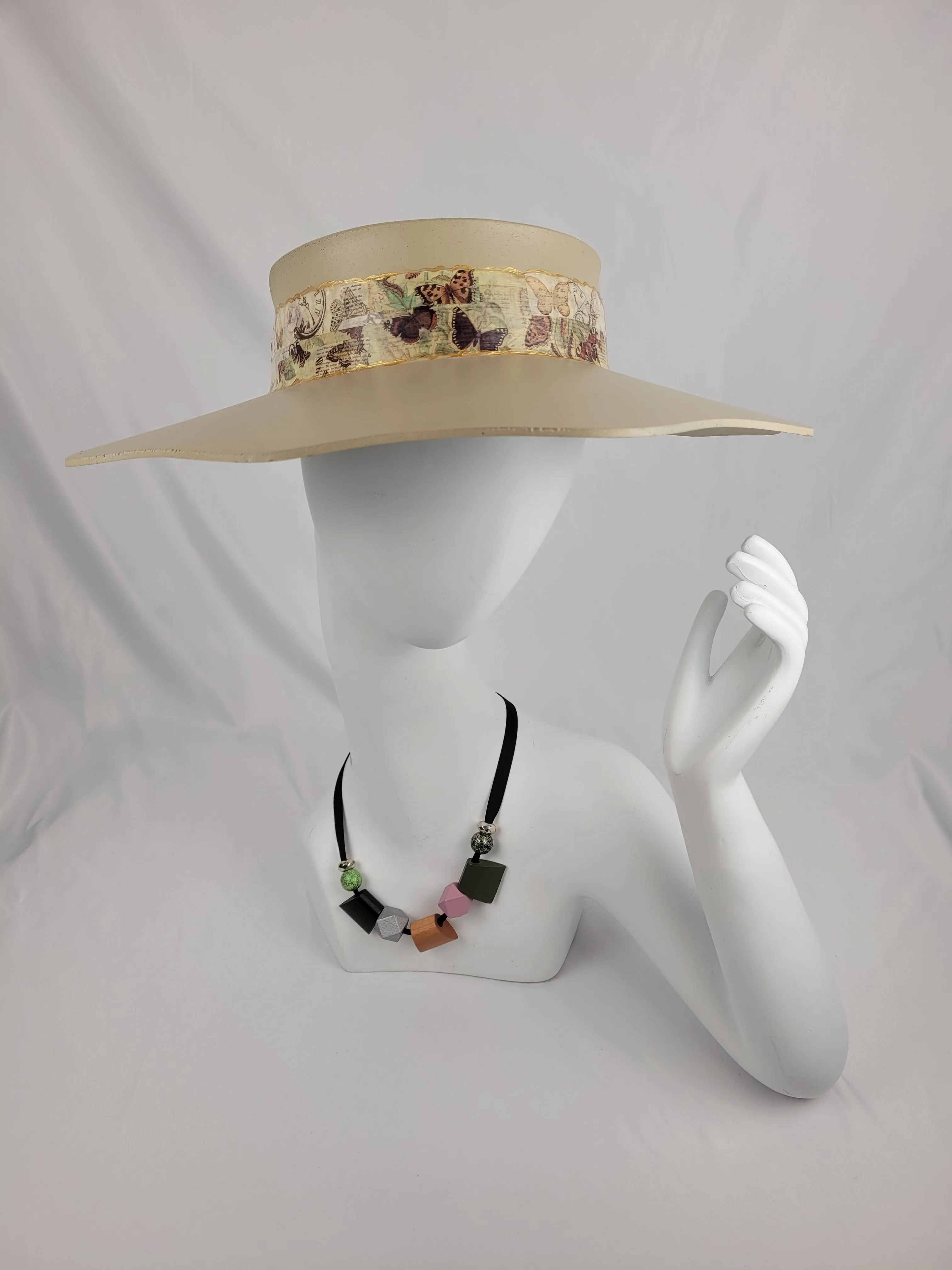 Beige Lotus Visor Hat with Butterfly Band