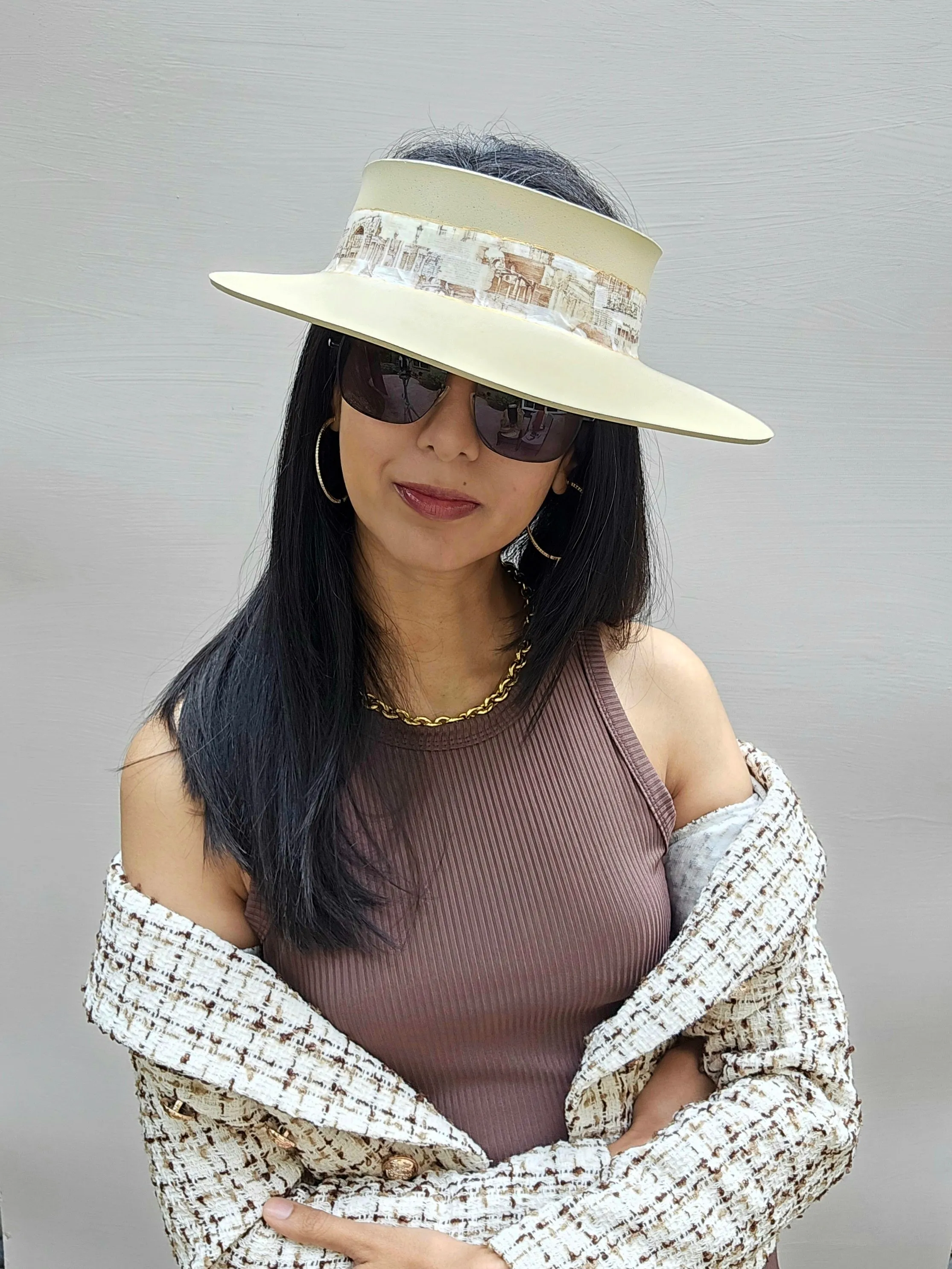 Beige "LadyEVA" Visor Hat with Architectural Collage Band