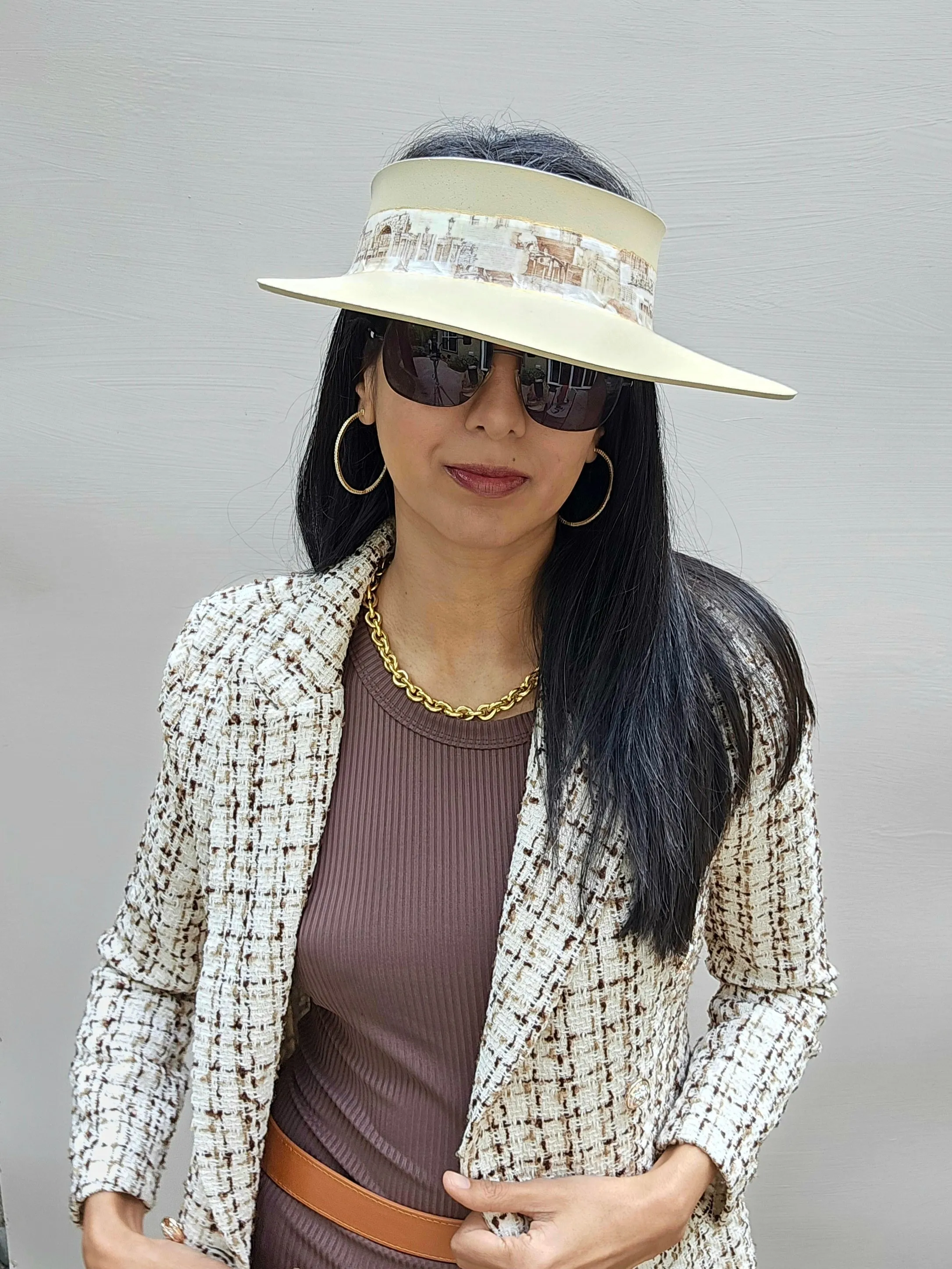 Beige "LadyEVA" Visor Hat with Architectural Collage Band