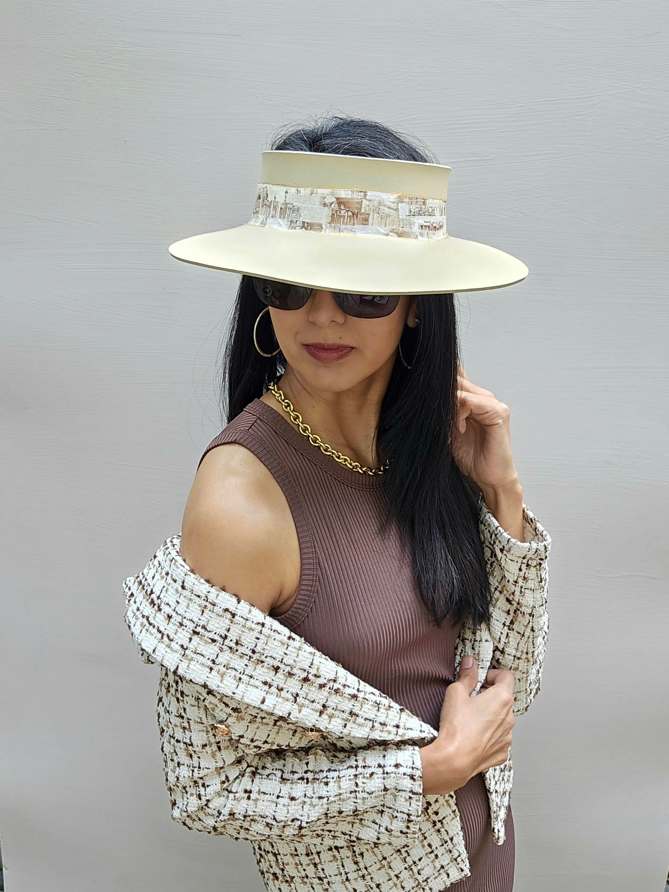 Beige "LadyEVA" Visor Hat with Architectural Collage Band