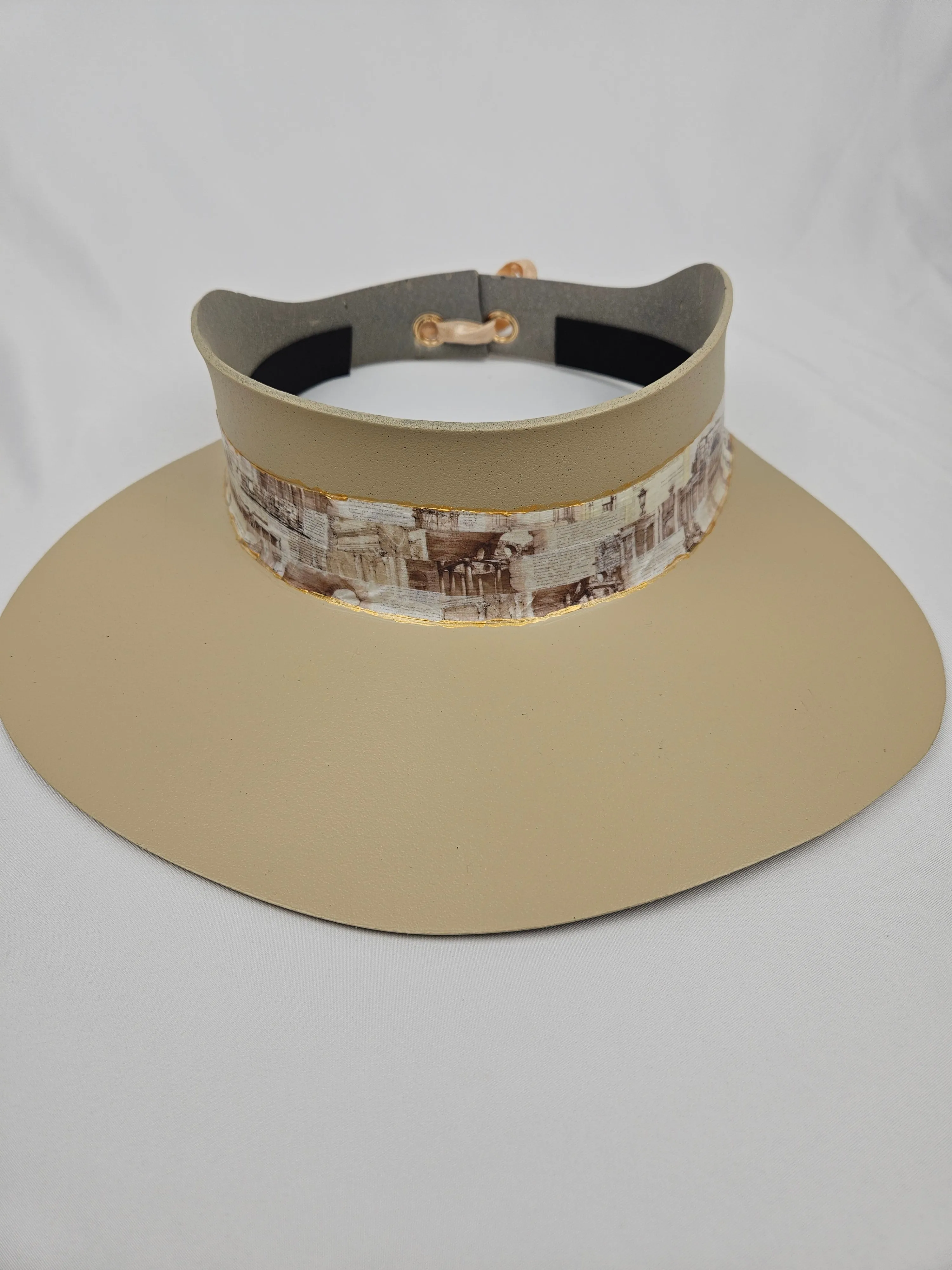 Beige "LadyEVA" Visor Hat with Architectural Collage Band