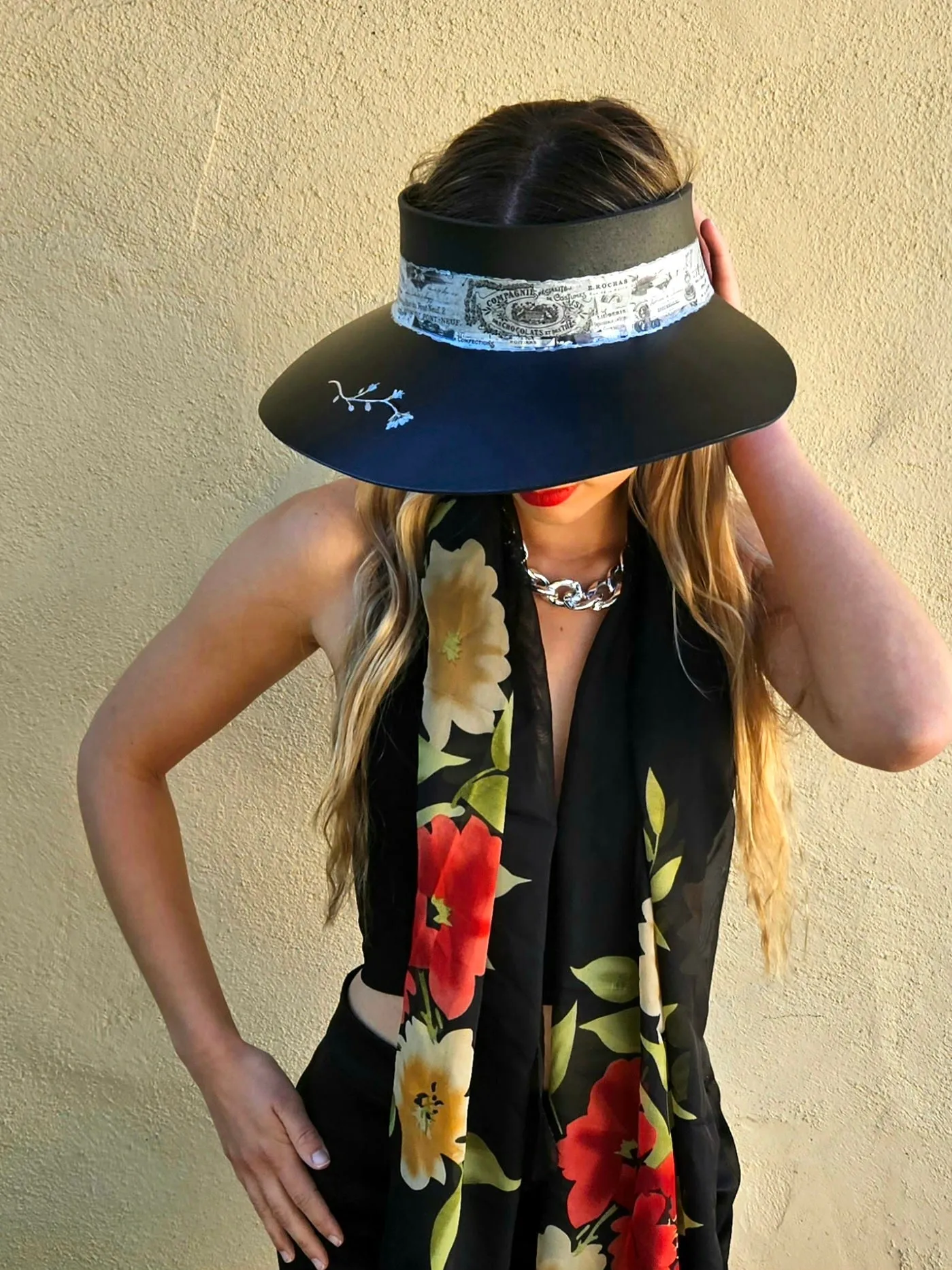 Black "LadyEVA" Visor Hat with French Themed Band and HandPainted Floral Motif