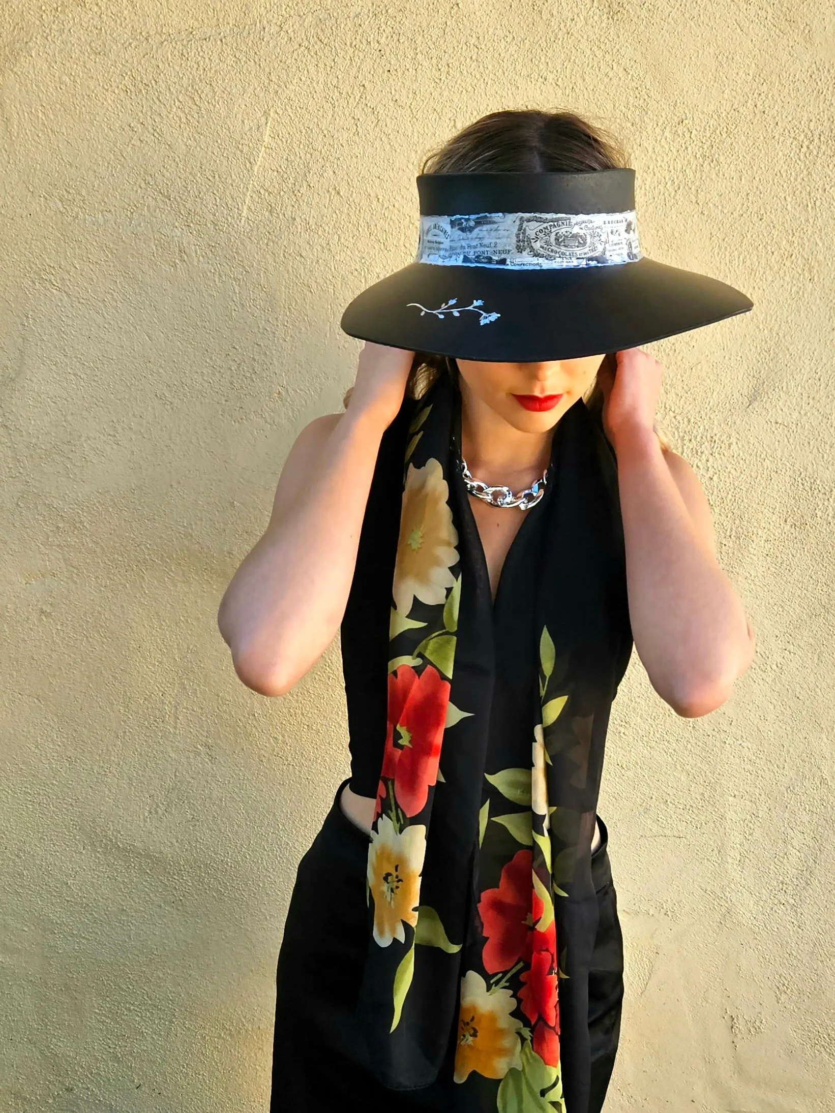 Black "LadyEVA" Visor Hat with French Themed Band and HandPainted Floral Motif