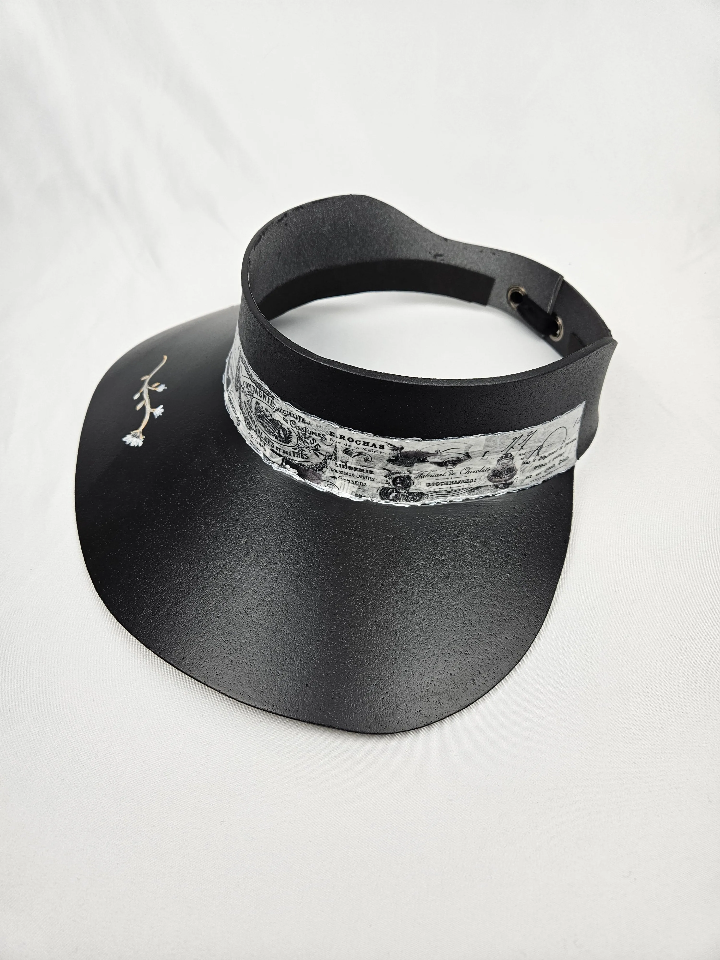 Black "LadyEVA" Visor Hat with French Themed Band and HandPainted Floral Motif