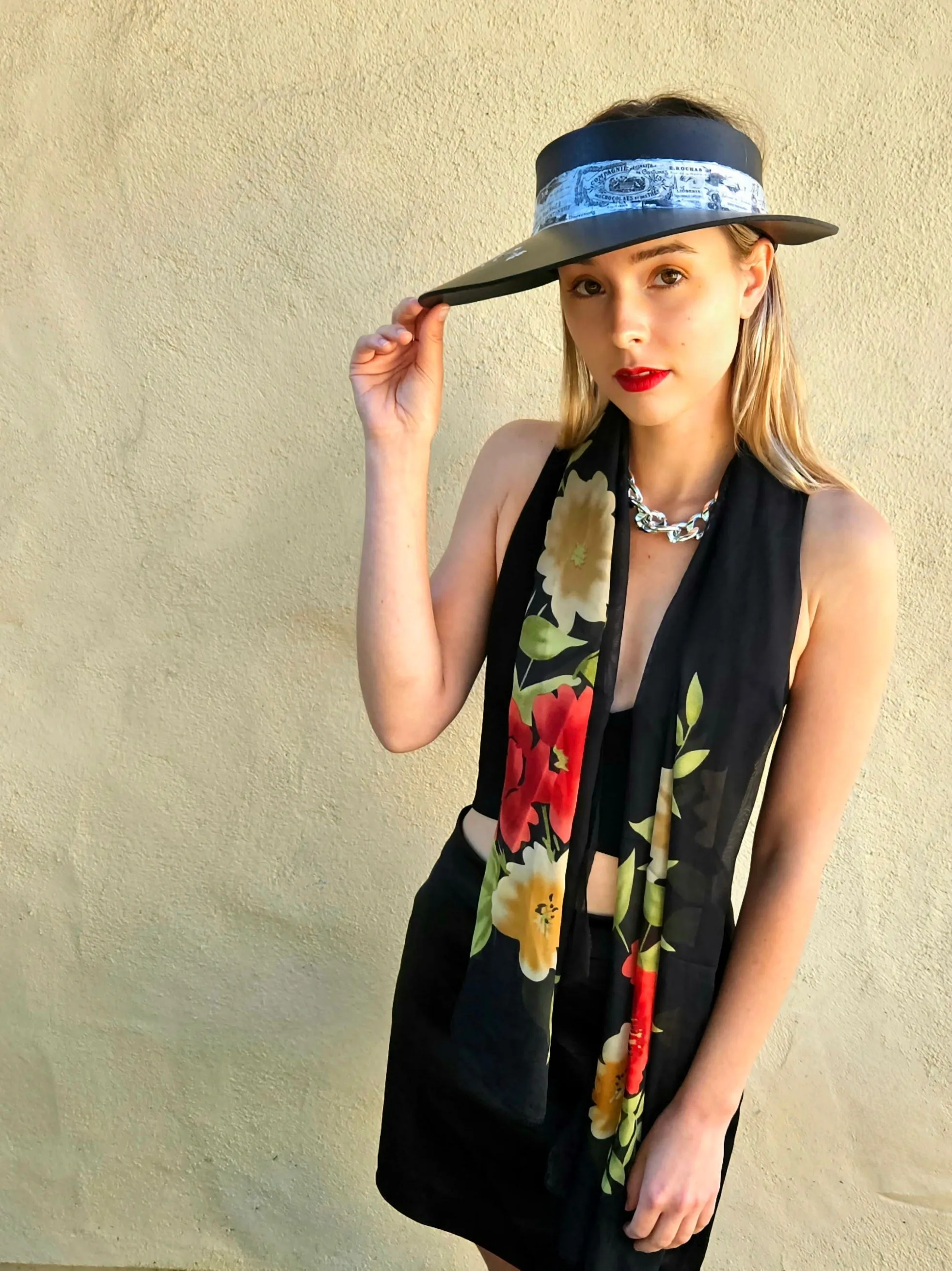 Black "LadyEVA" Visor Hat with French Themed Band and HandPainted Floral Motif