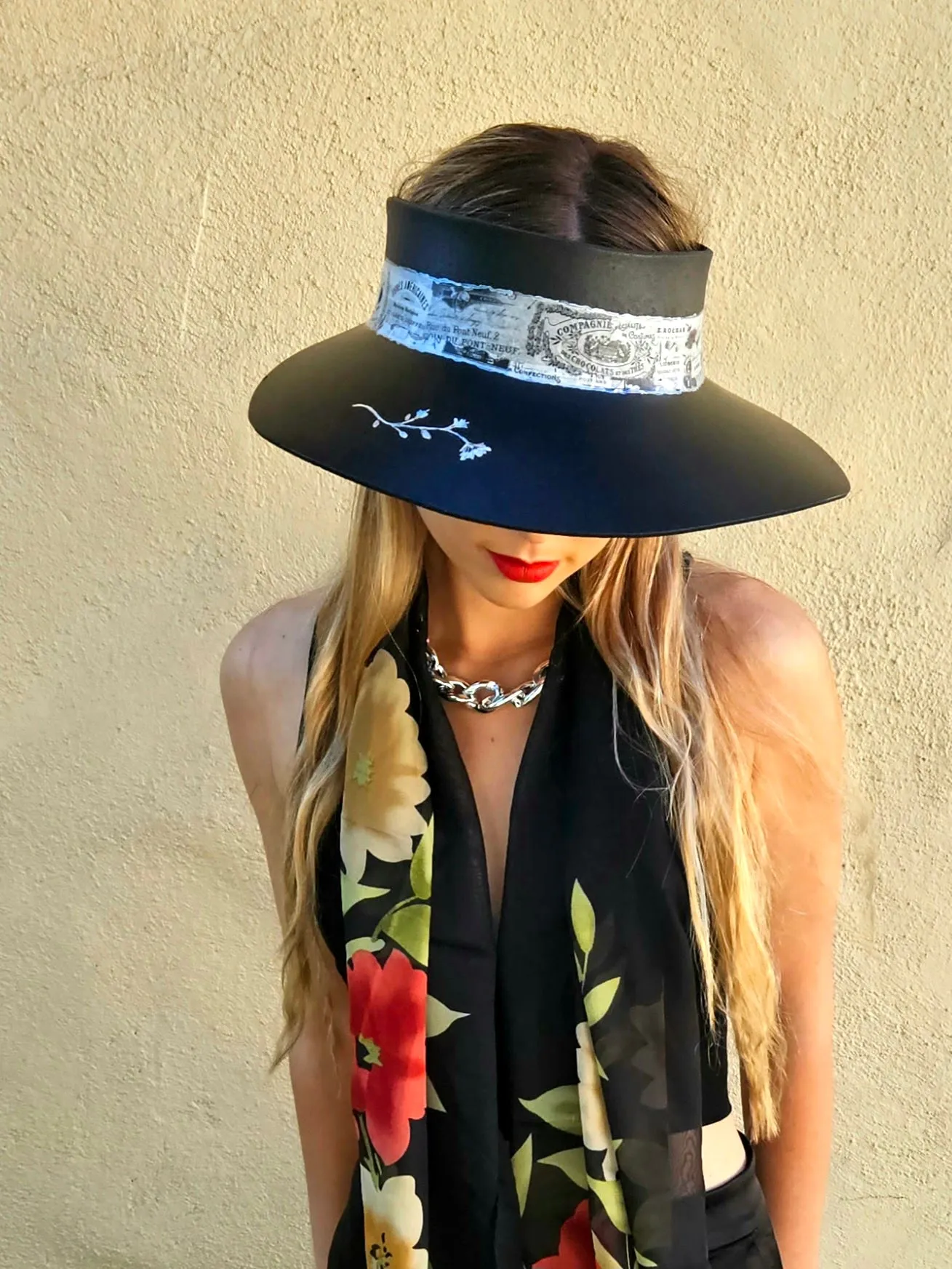 Black "LadyEVA" Visor Hat with French Themed Band and HandPainted Floral Motif