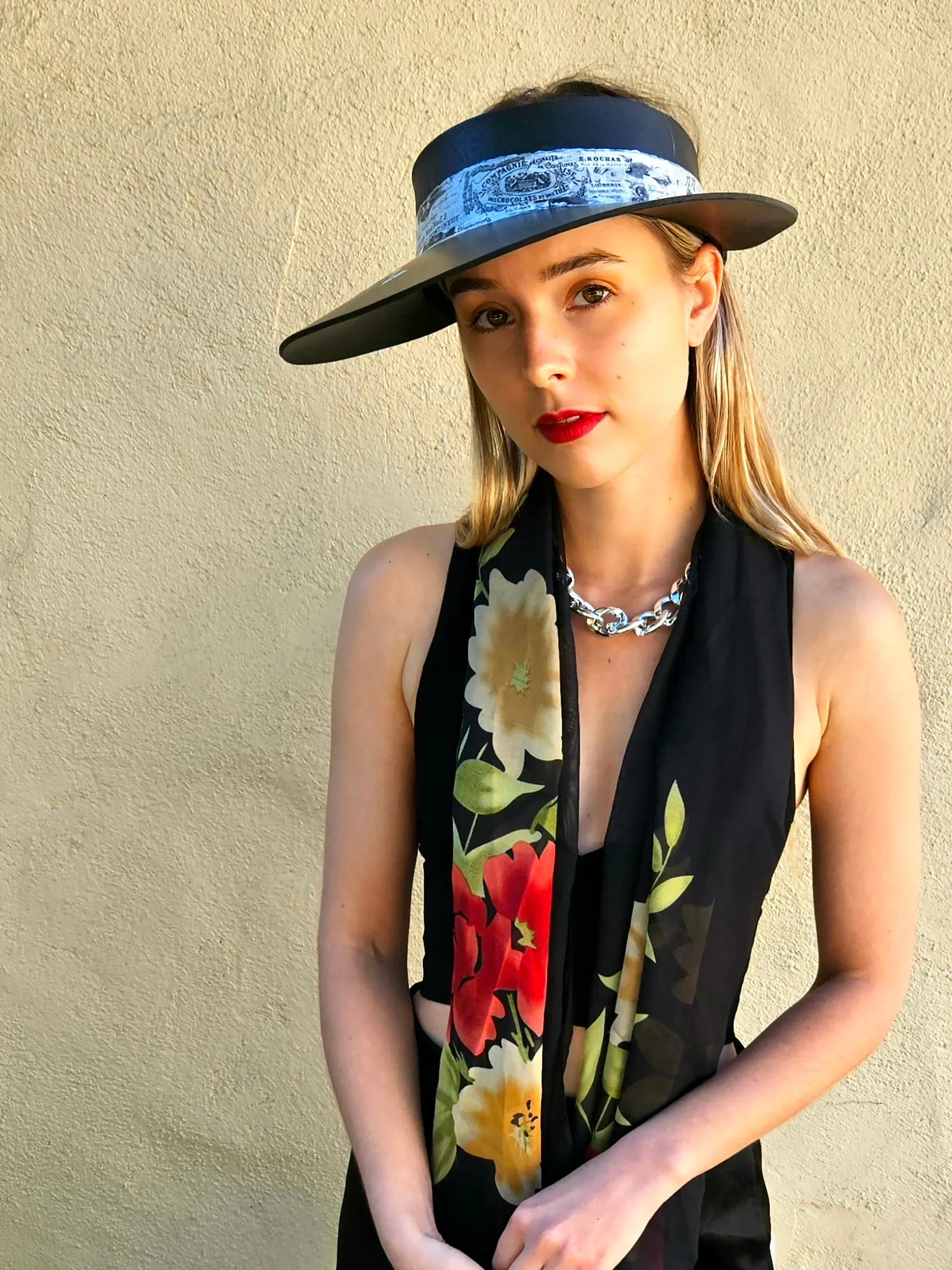 Black "LadyEVA" Visor Hat with French Themed Band and HandPainted Floral Motif