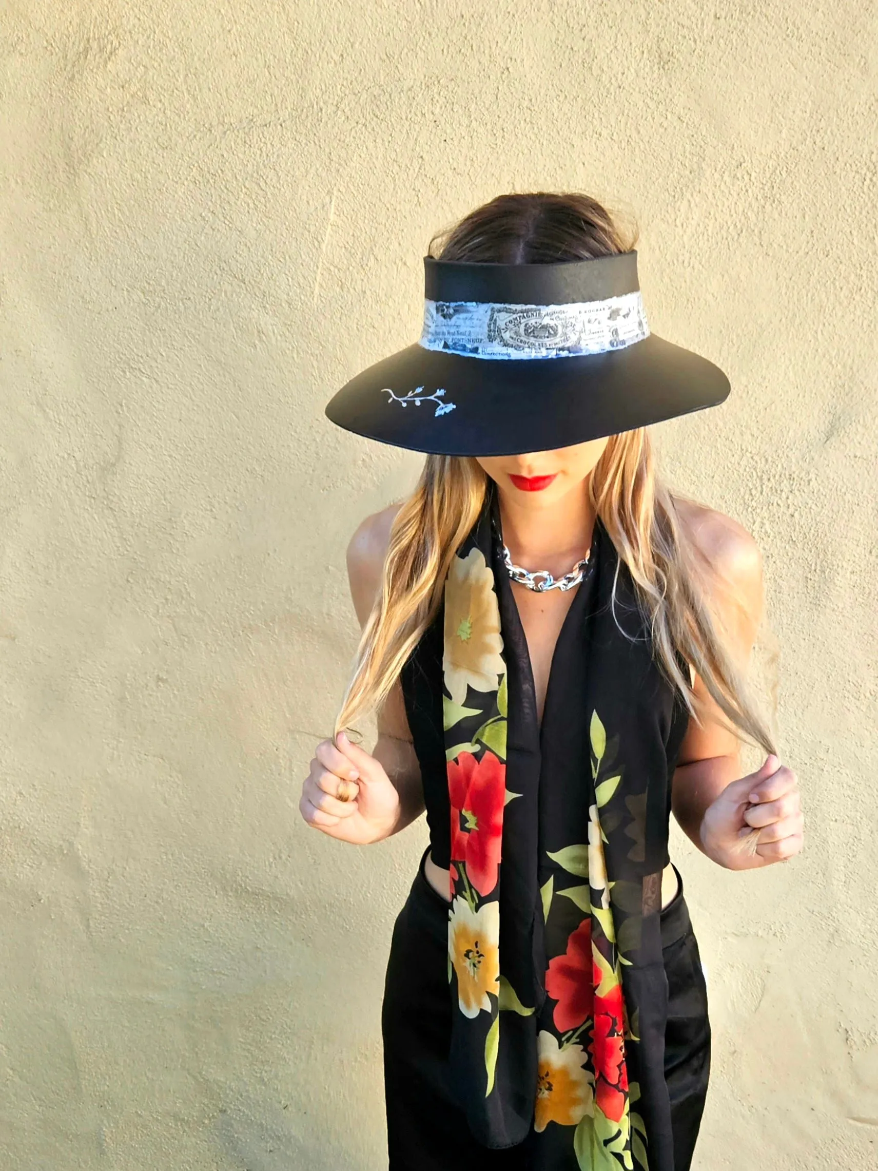 Black "LadyEVA" Visor Hat with French Themed Band and HandPainted Floral Motif