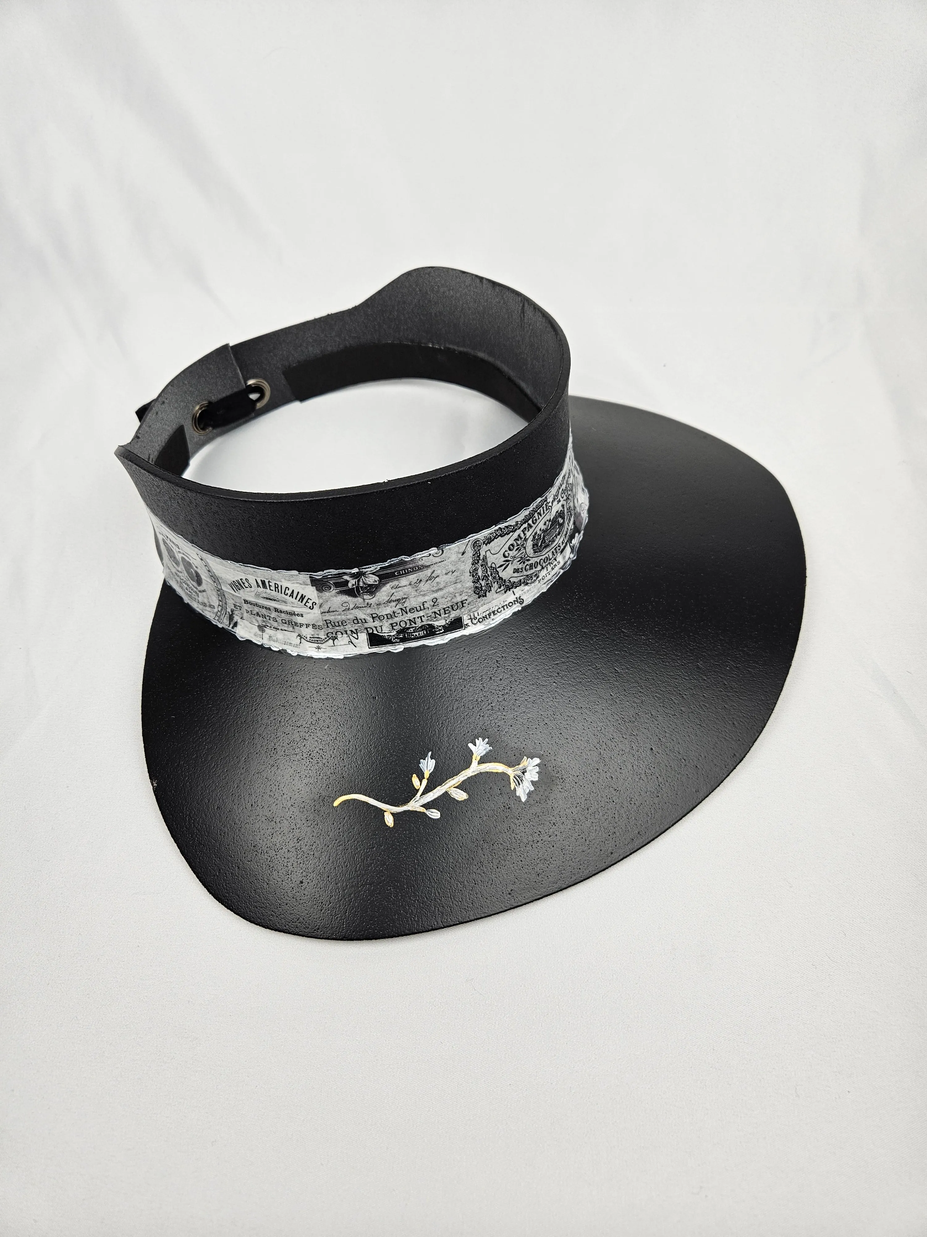 Black "LadyEVA" Visor Hat with French Themed Band and HandPainted Floral Motif