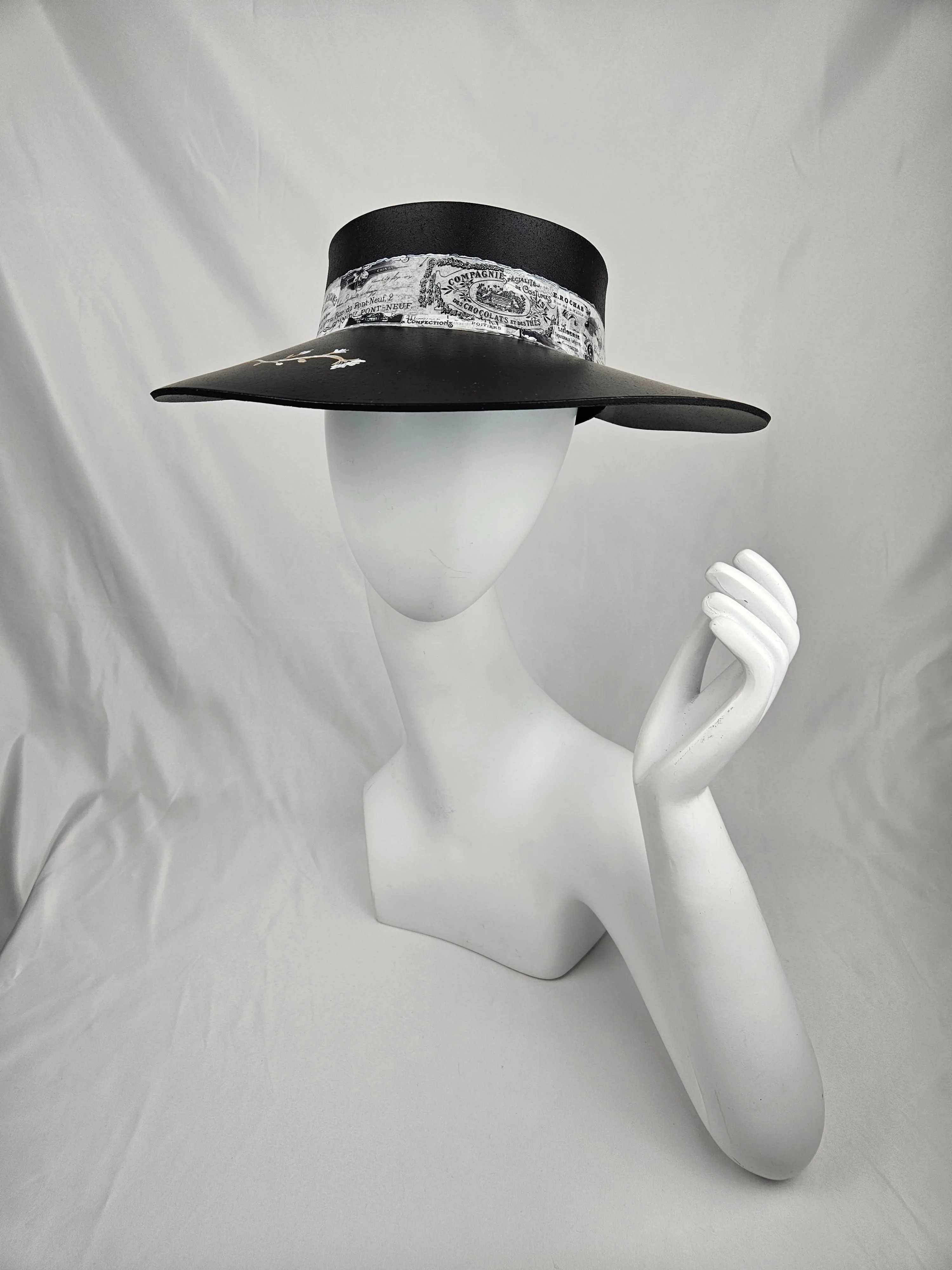 Black "LadyEVA" Visor Hat with French Themed Band and HandPainted Floral Motif