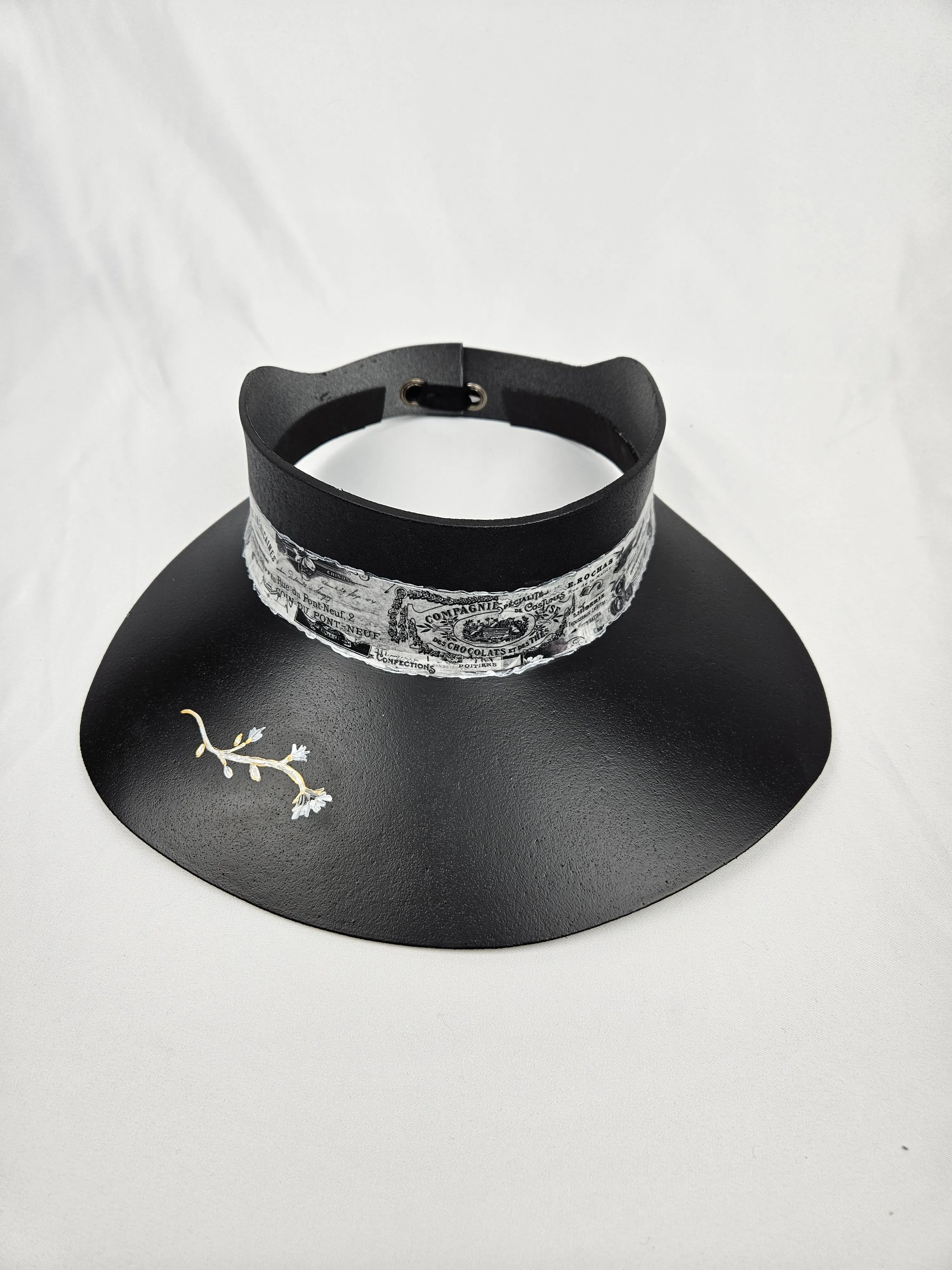 Black "LadyEVA" Visor Hat with French Themed Band and HandPainted Floral Motif