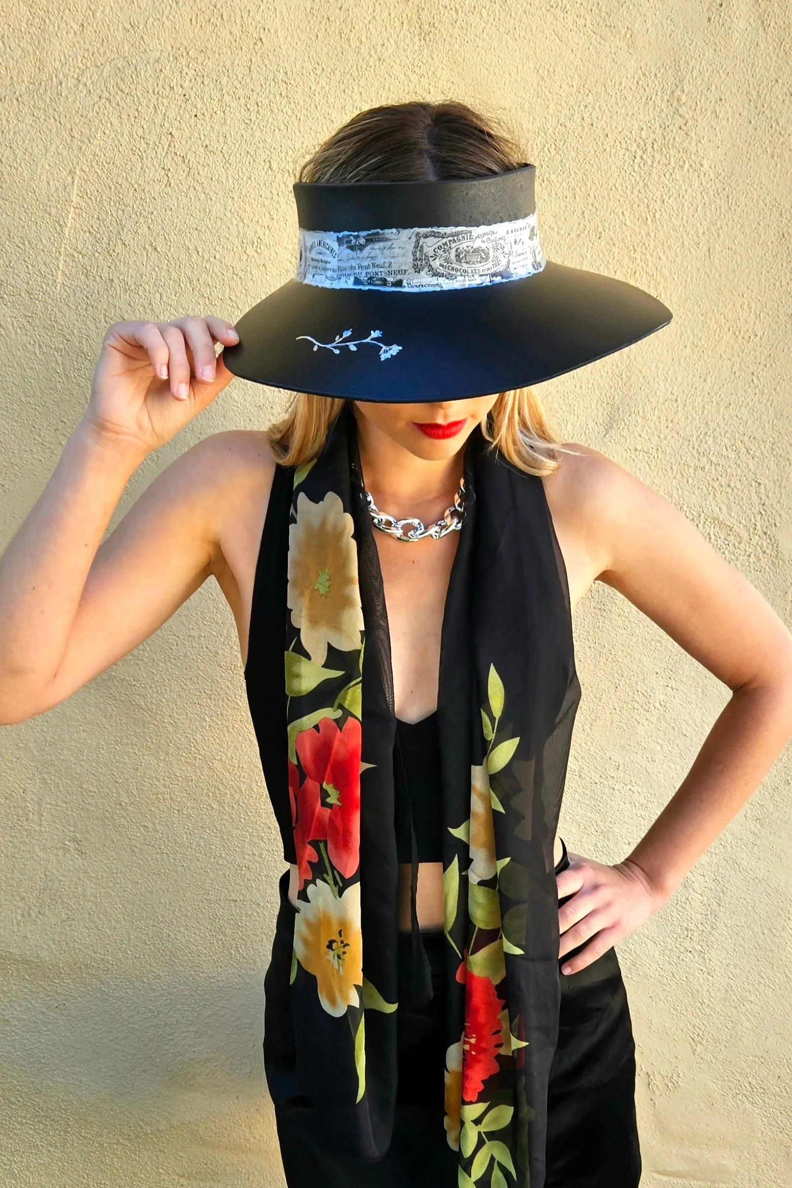 Black "LadyEVA" Visor Hat with French Themed Band and HandPainted Floral Motif