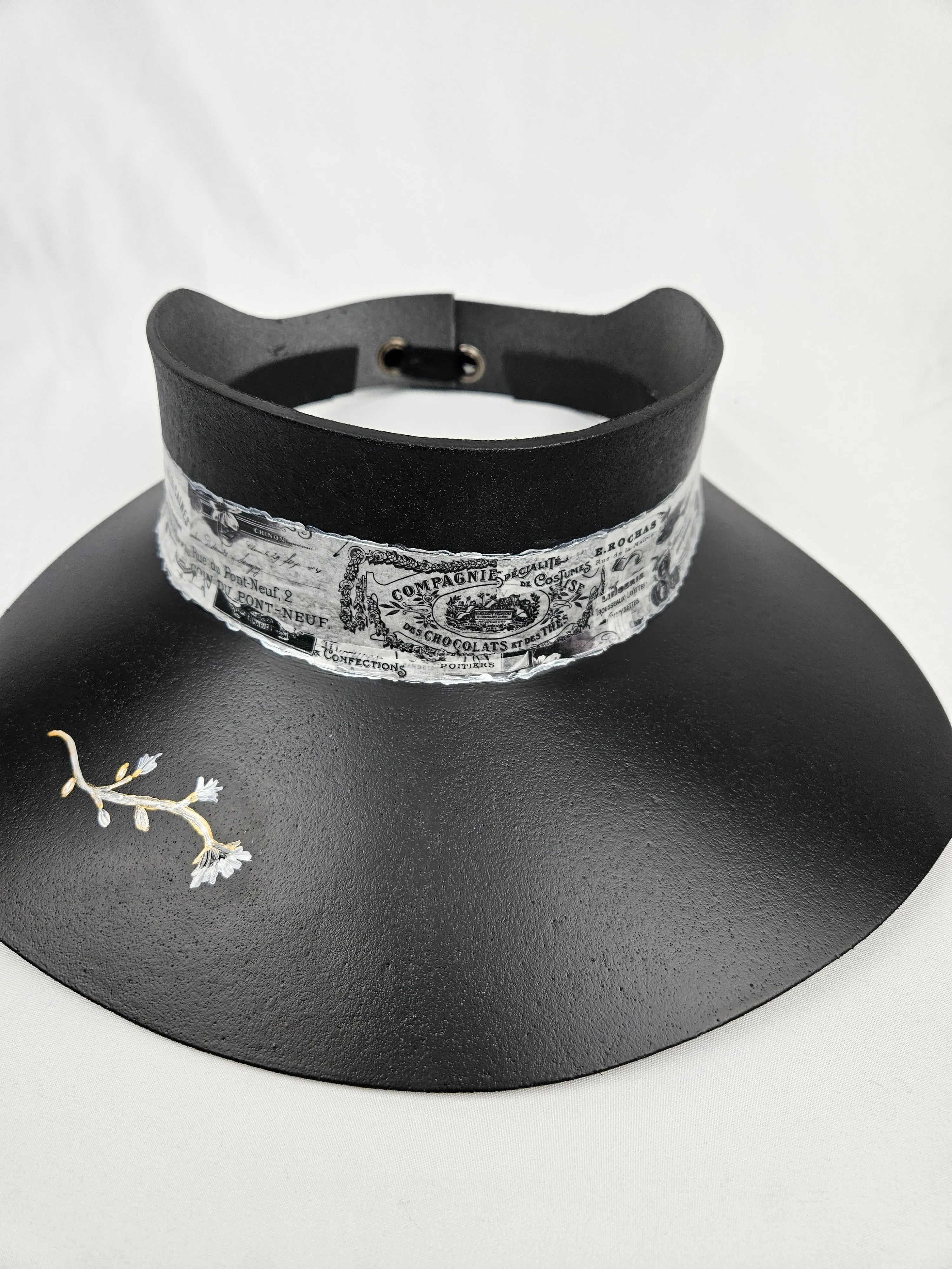 Black "LadyEVA" Visor Hat with French Themed Band and HandPainted Floral Motif