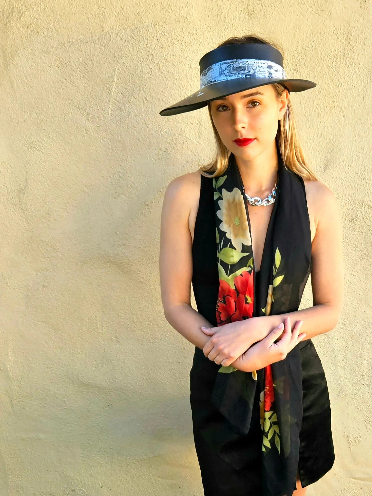 Black "LadyEVA" Visor Hat with French Themed Band and HandPainted Floral Motif