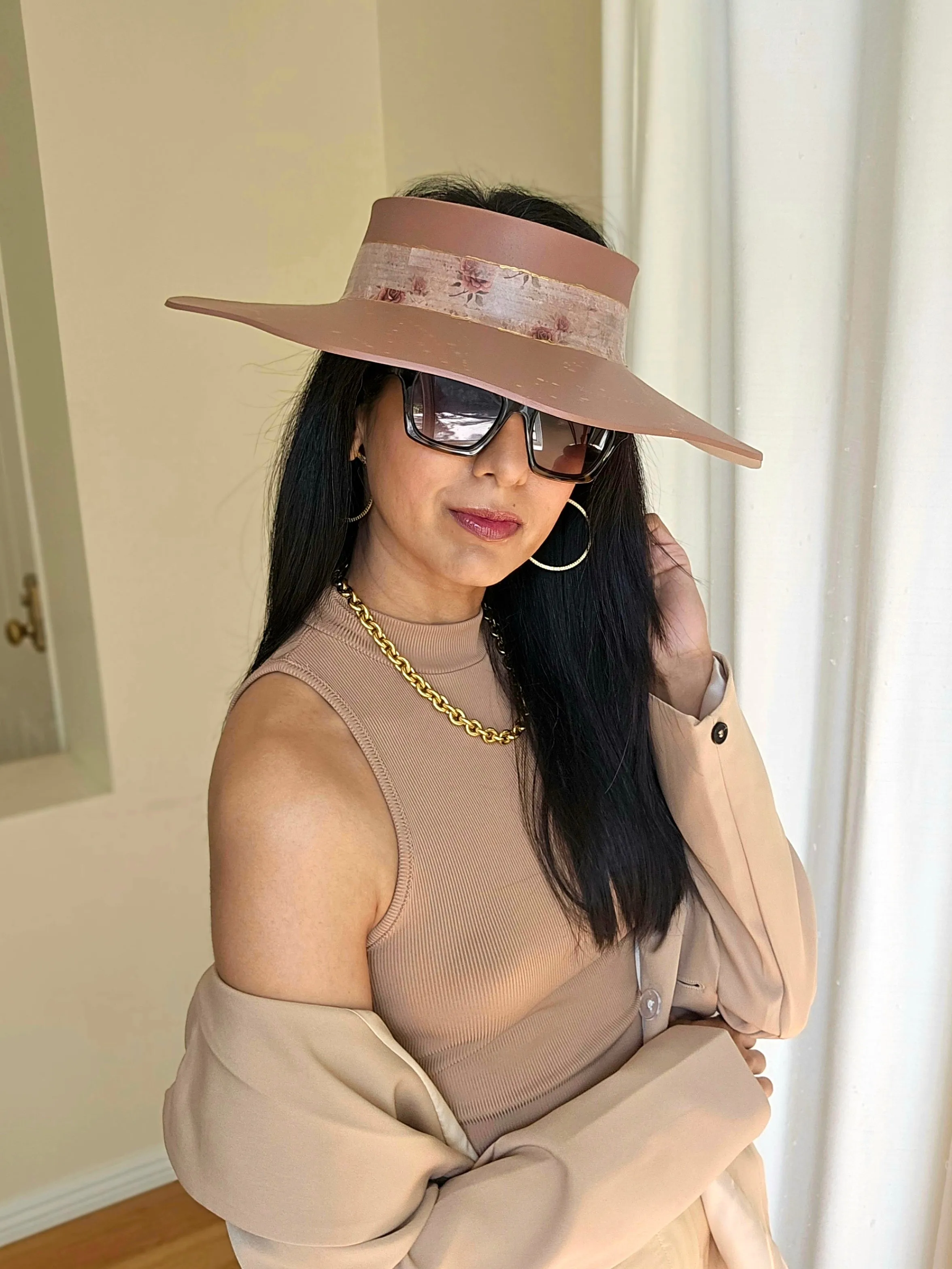 Brown Lotus Visor Hat with Warm Brown and Burgundy Floral Style Band and Golden Paint Splatter