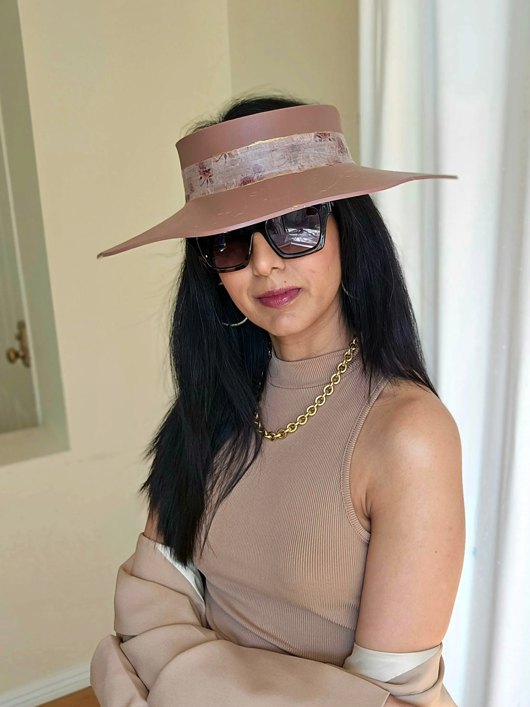 Brown Lotus Visor Hat with Warm Brown and Burgundy Floral Style Band and Golden Paint Splatter