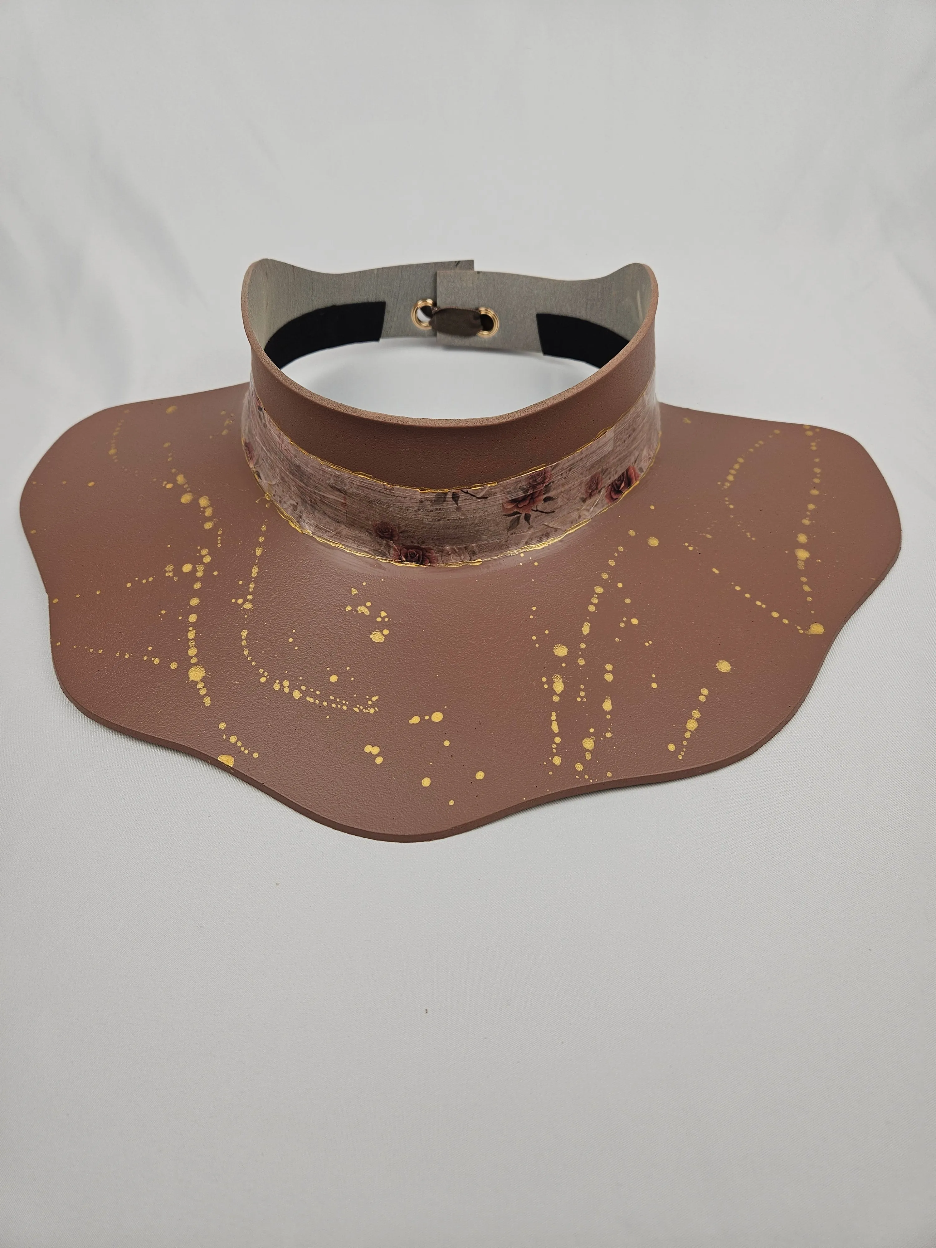 Brown Lotus Visor Hat with Warm Brown and Burgundy Floral Style Band and Golden Paint Splatter