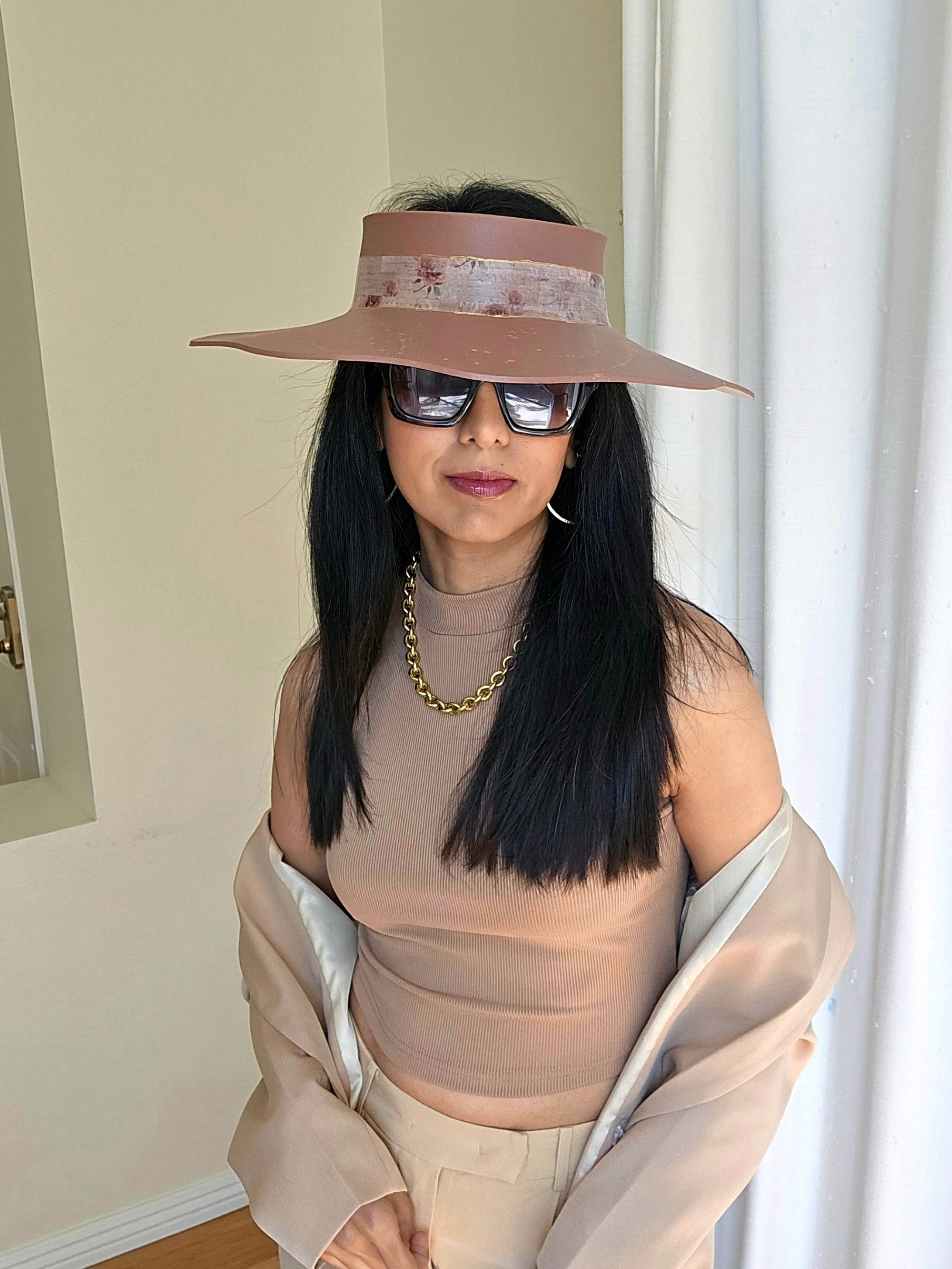 Brown Lotus Visor Hat with Warm Brown and Burgundy Floral Style Band and Golden Paint Splatter