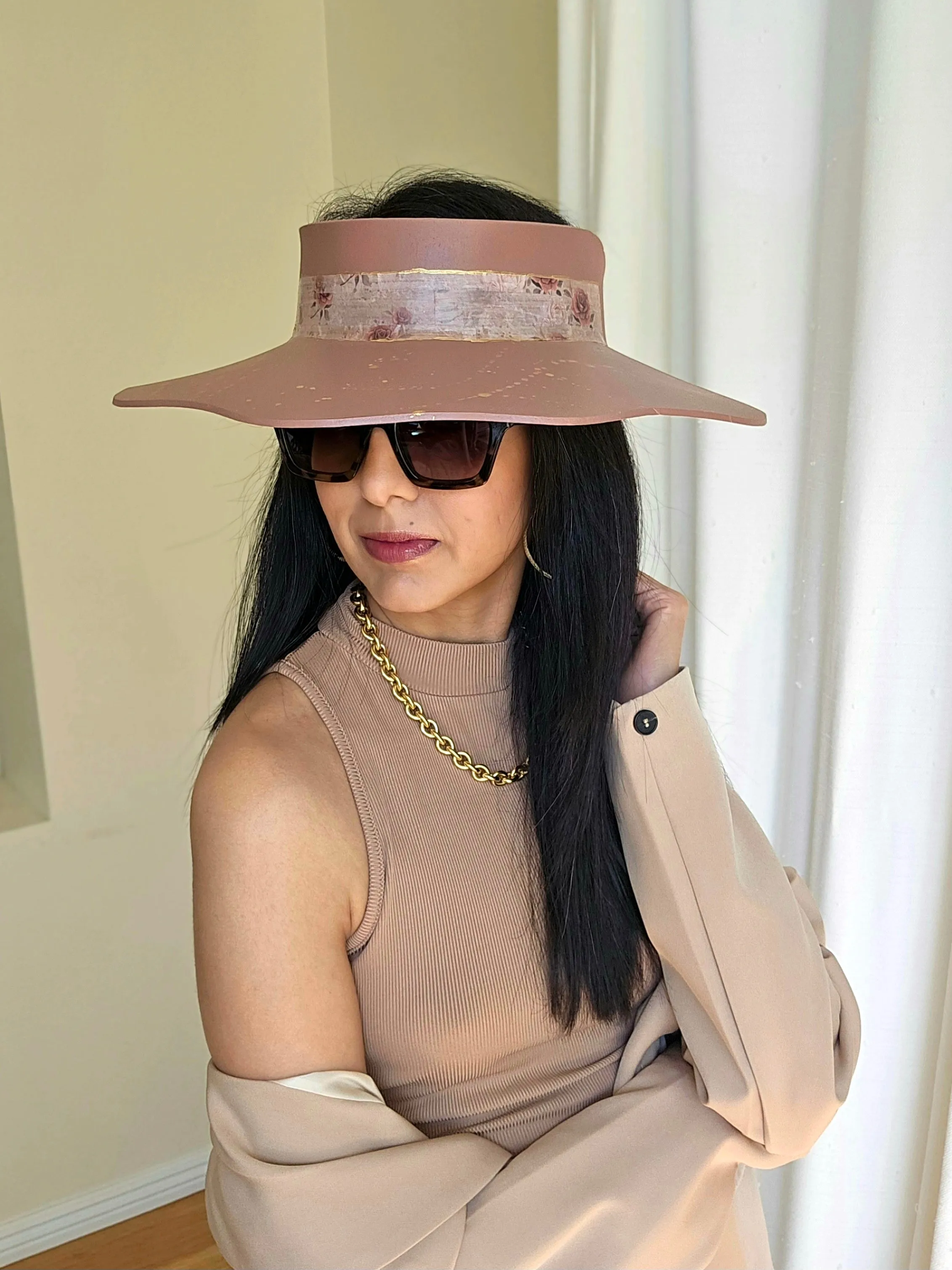 Brown Lotus Visor Hat with Warm Brown and Burgundy Floral Style Band and Golden Paint Splatter