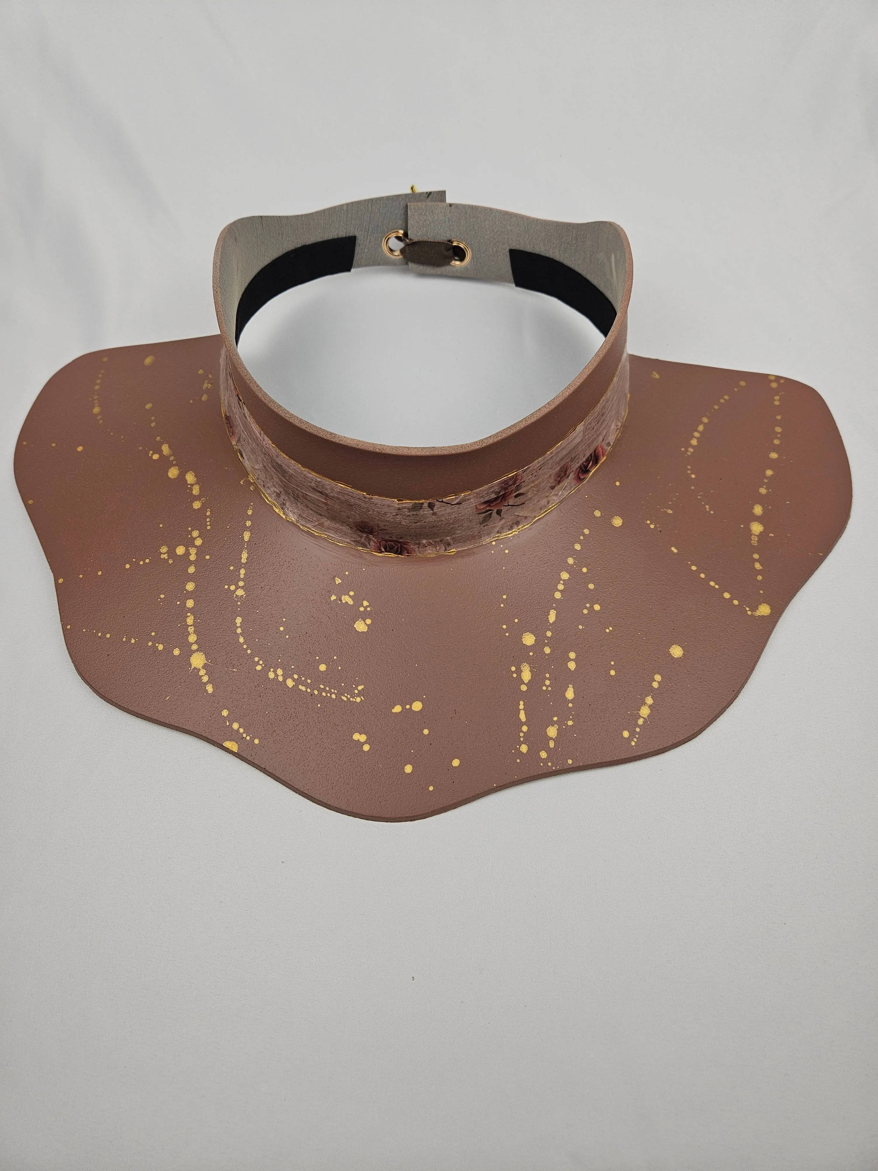 Brown Lotus Visor Hat with Warm Brown and Burgundy Floral Style Band and Golden Paint Splatter