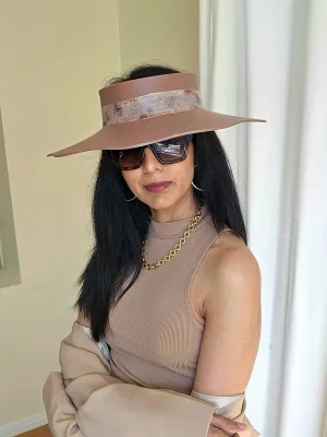 Brown Lotus Visor Hat with Warm Brown and Burgundy Floral Style Band and Golden Paint Splatter