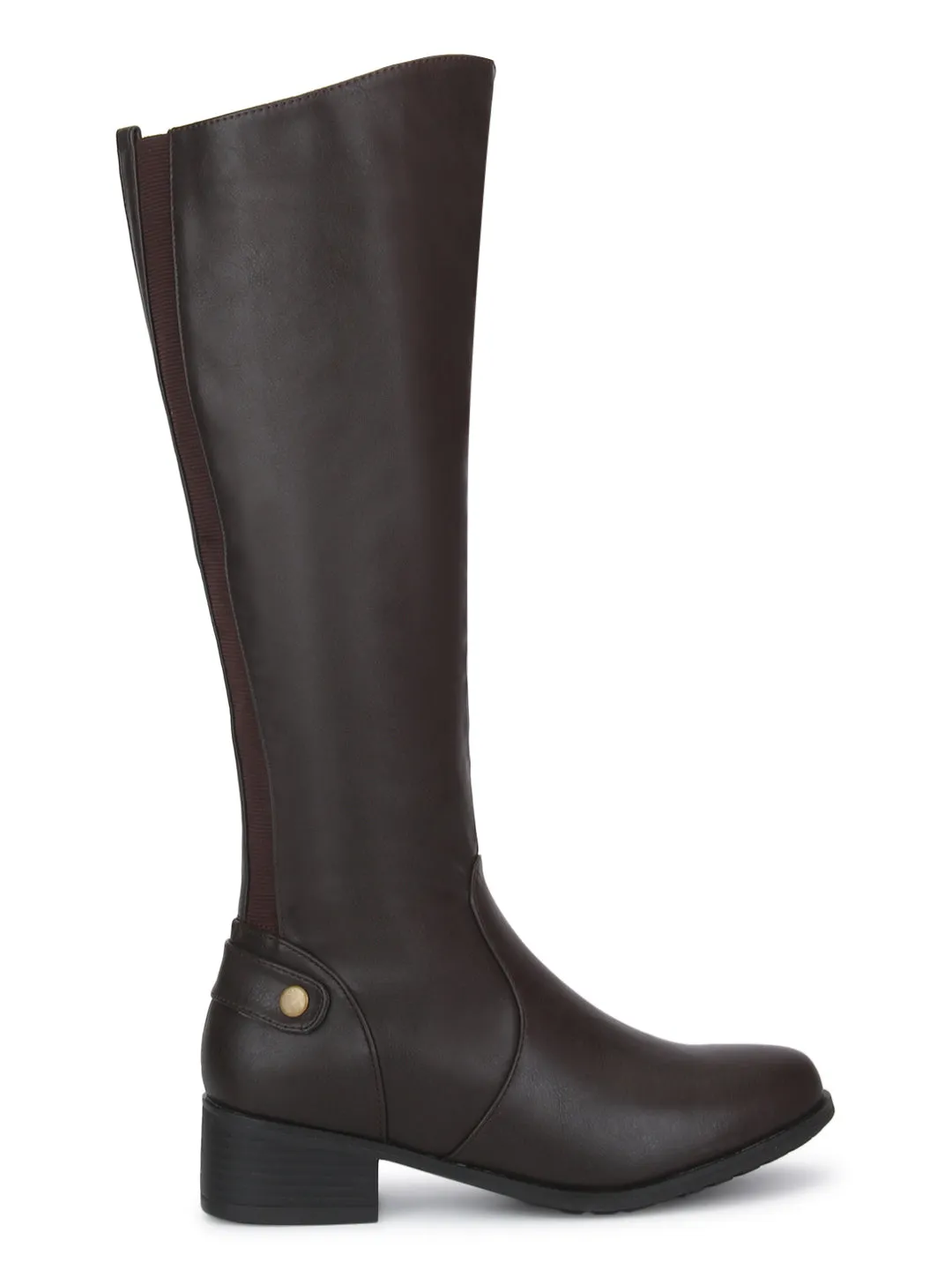 Brown PU Minimal Heel Calf Length Long Boots