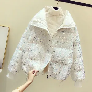 christmas outfit Joskaa Luxury Crystal Sequins Thickened Down Cotton Coat  Ladies Fashion Loose Bread Jacket White Casual Winter Warm Coat Parkas Women