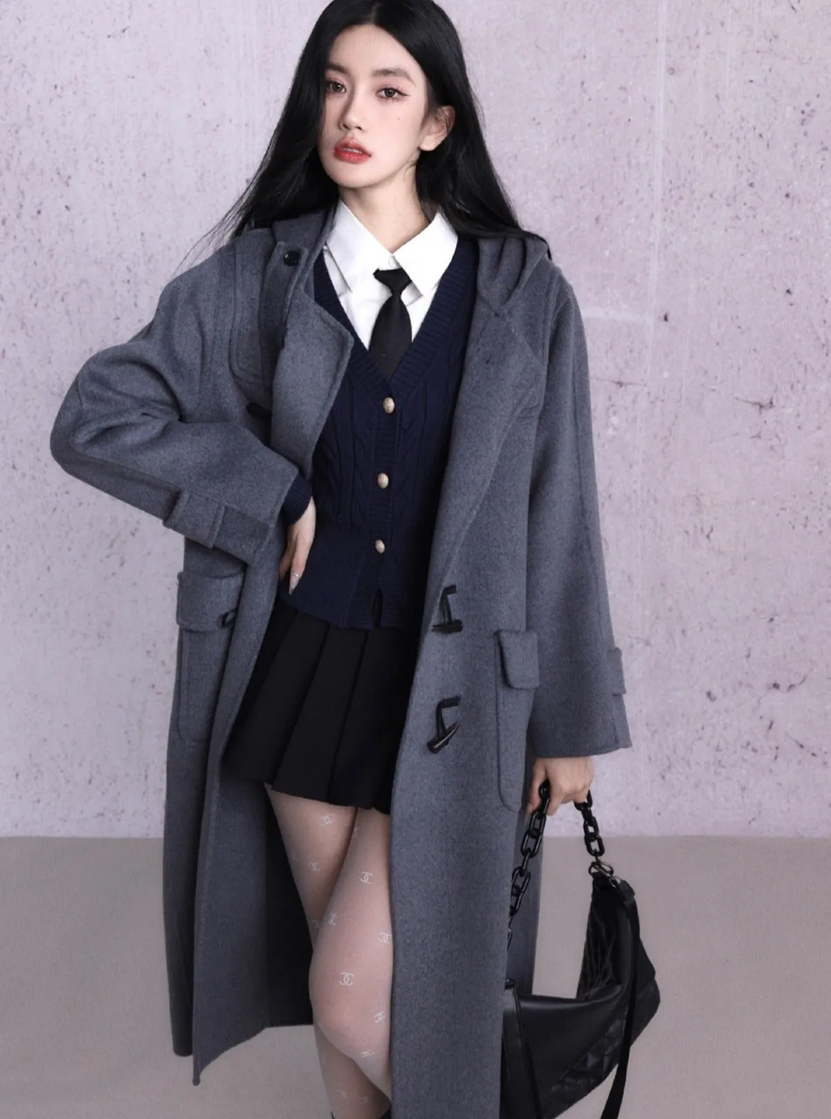 Classic Charcoal Duffle Coat - Long Wool Toggle Coat with Hood