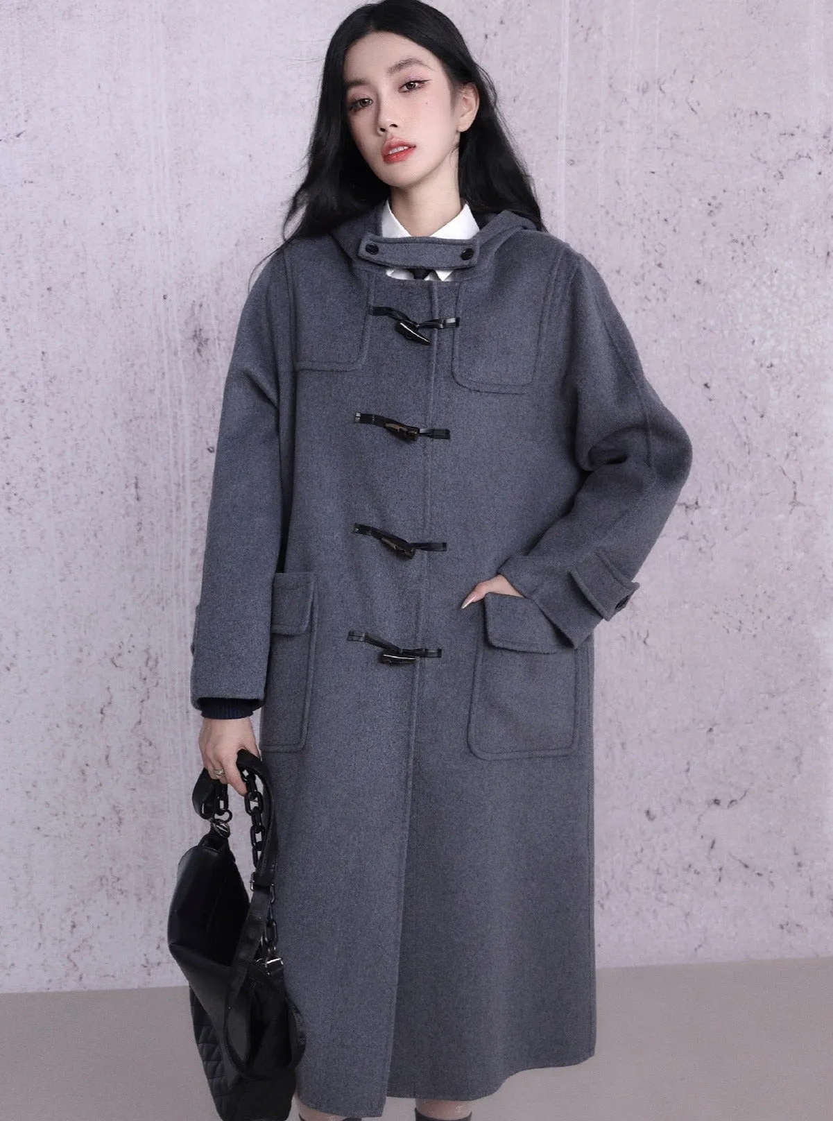 Classic Charcoal Duffle Coat - Long Wool Toggle Coat with Hood