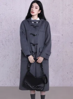 Classic Charcoal Duffle Coat - Long Wool Toggle Coat with Hood