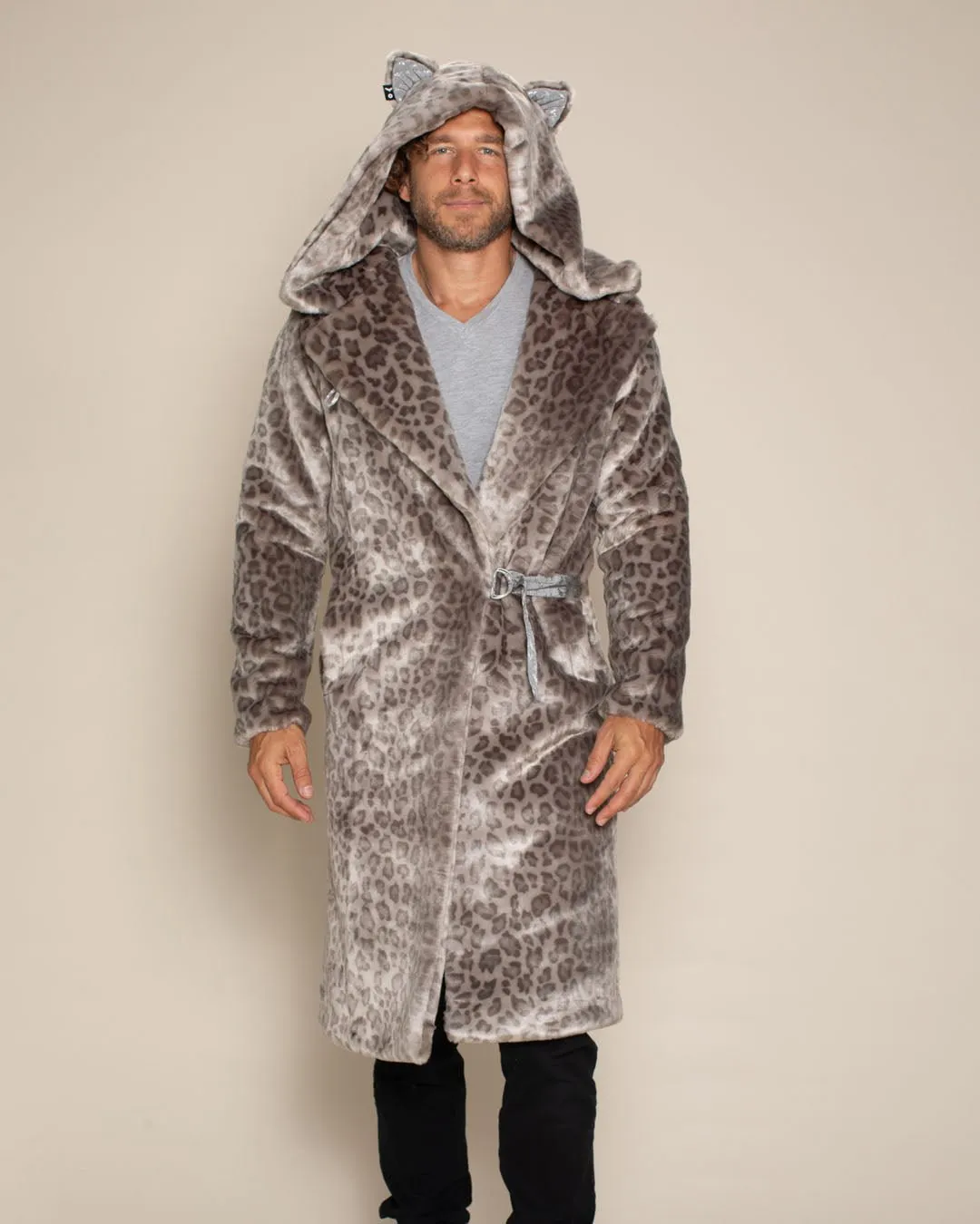 Classic Men's Long Faux Fur Coat | Silver Leopard