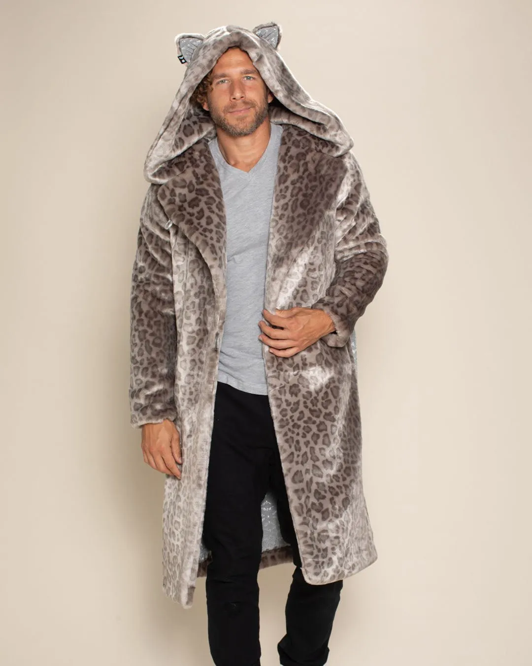 Classic Men's Long Faux Fur Coat | Silver Leopard