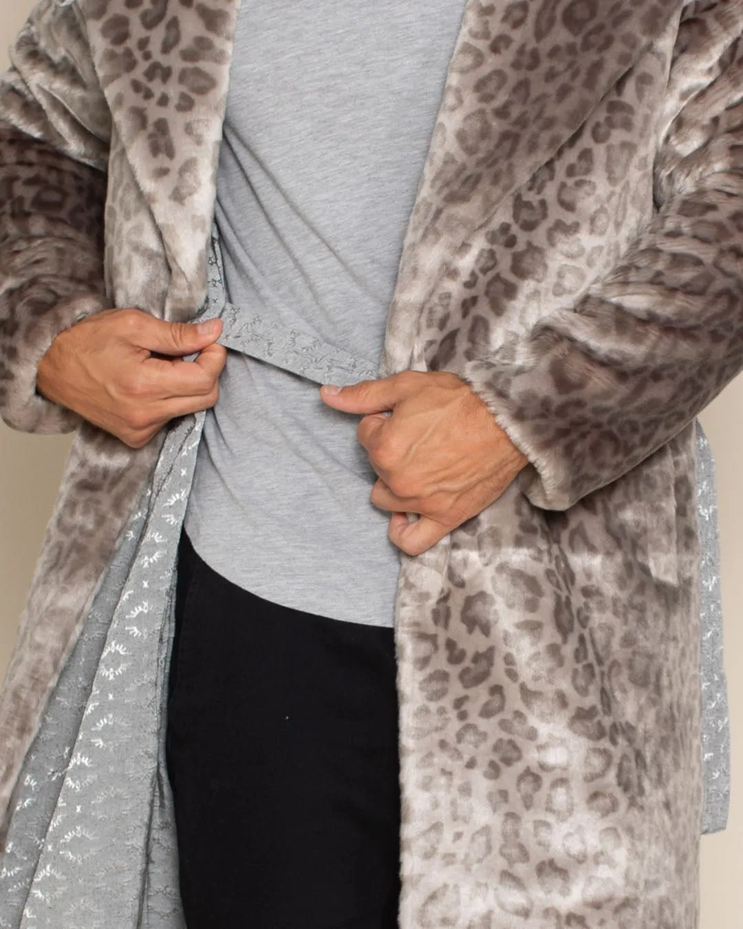 Classic Men's Long Faux Fur Coat | Silver Leopard