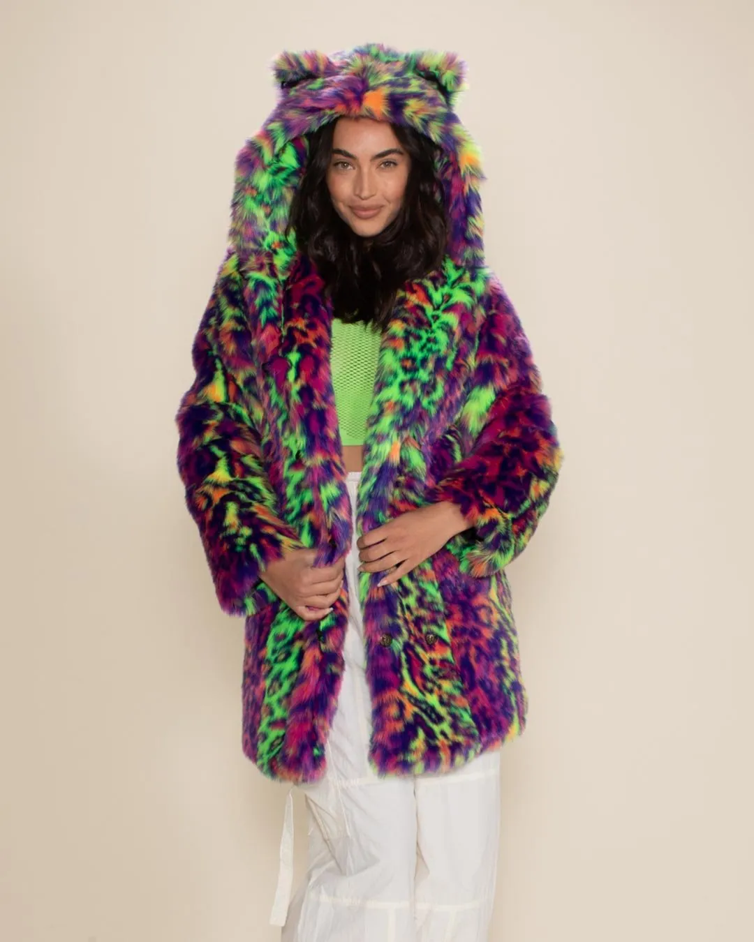 Classic Women's Faux Fur Coat | Neon Disco Kitty