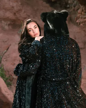 Classic Women's Long Sequin Coat | Black Panther