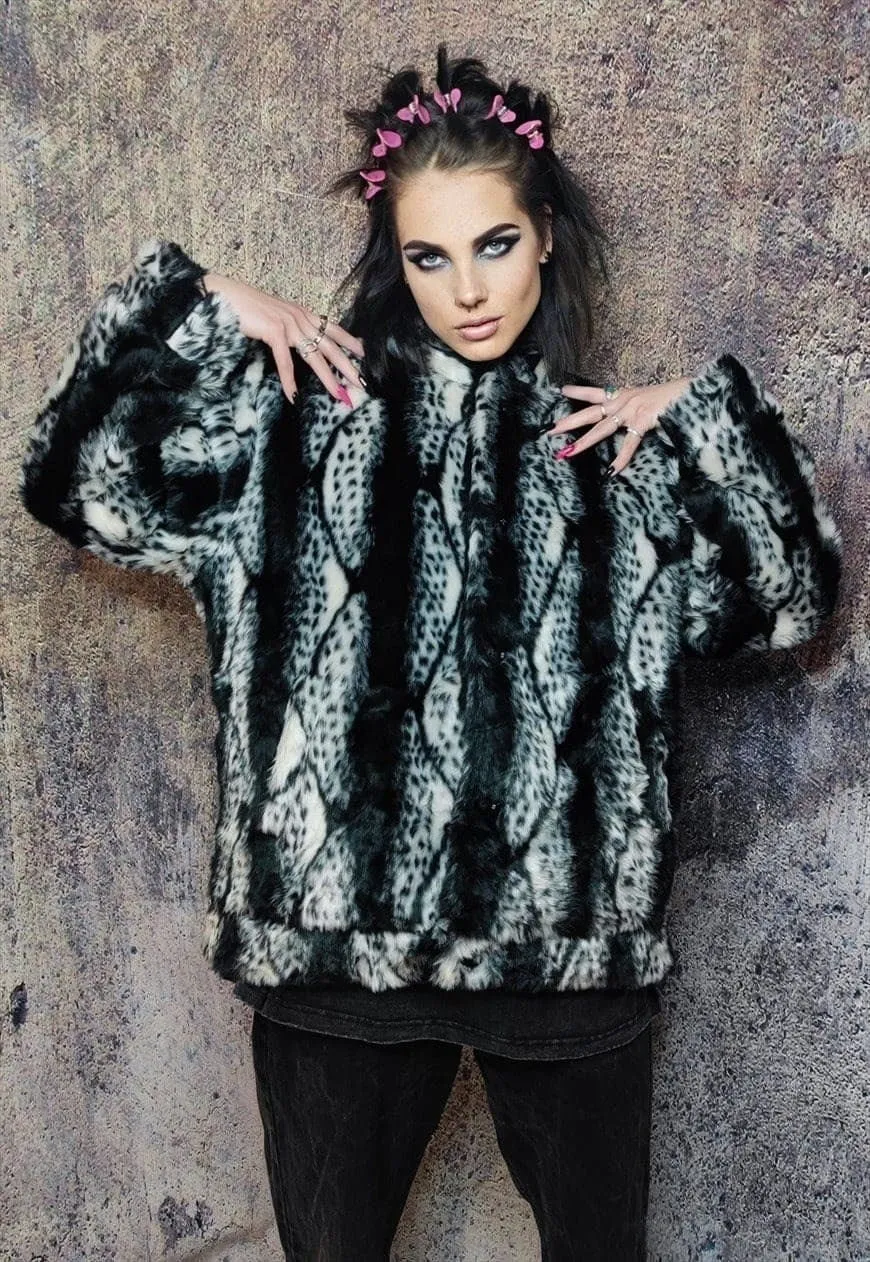 Faux fur jacket animal print bomber leopard coat in black