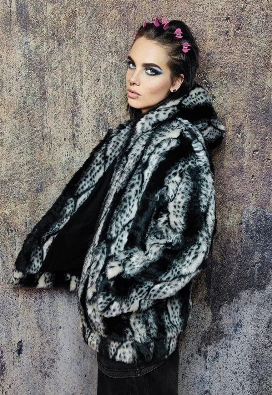 Faux fur jacket animal print bomber leopard coat in black