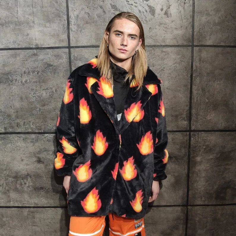 Flame print coat burning fire fleece trench luxury festival jacket fluffy grunge bomber in black orange