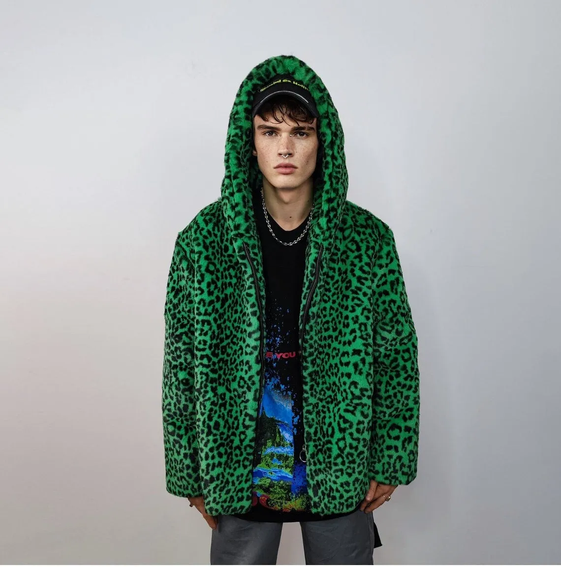 Hooded faux fur leopard jacket animal print bomber bright raver coat fluffy cheetah fleece festival puffer neon burning man overcoat green