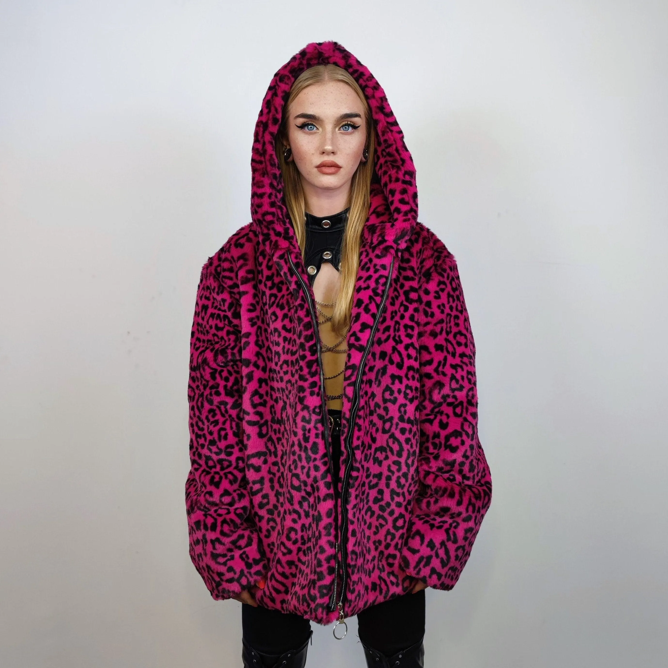 Hooded faux fur leopard jacket animal print bomber bright raver coat fluffy cheetah fleece festival puffer neon burning man overcoat in pink