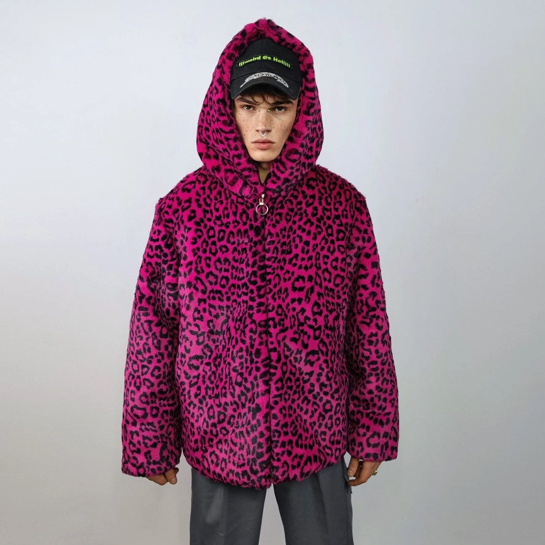 Hooded faux fur leopard jacket animal print bomber bright raver coat fluffy cheetah fleece festival puffer neon burning man overcoat in pink