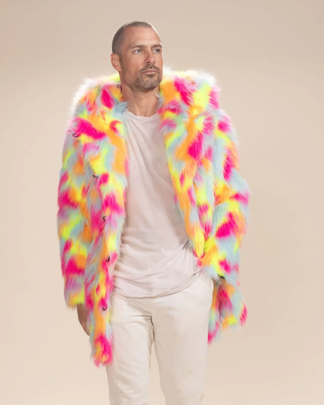 Hooded Men's Faux Fur Coat | Neon Calico Cat