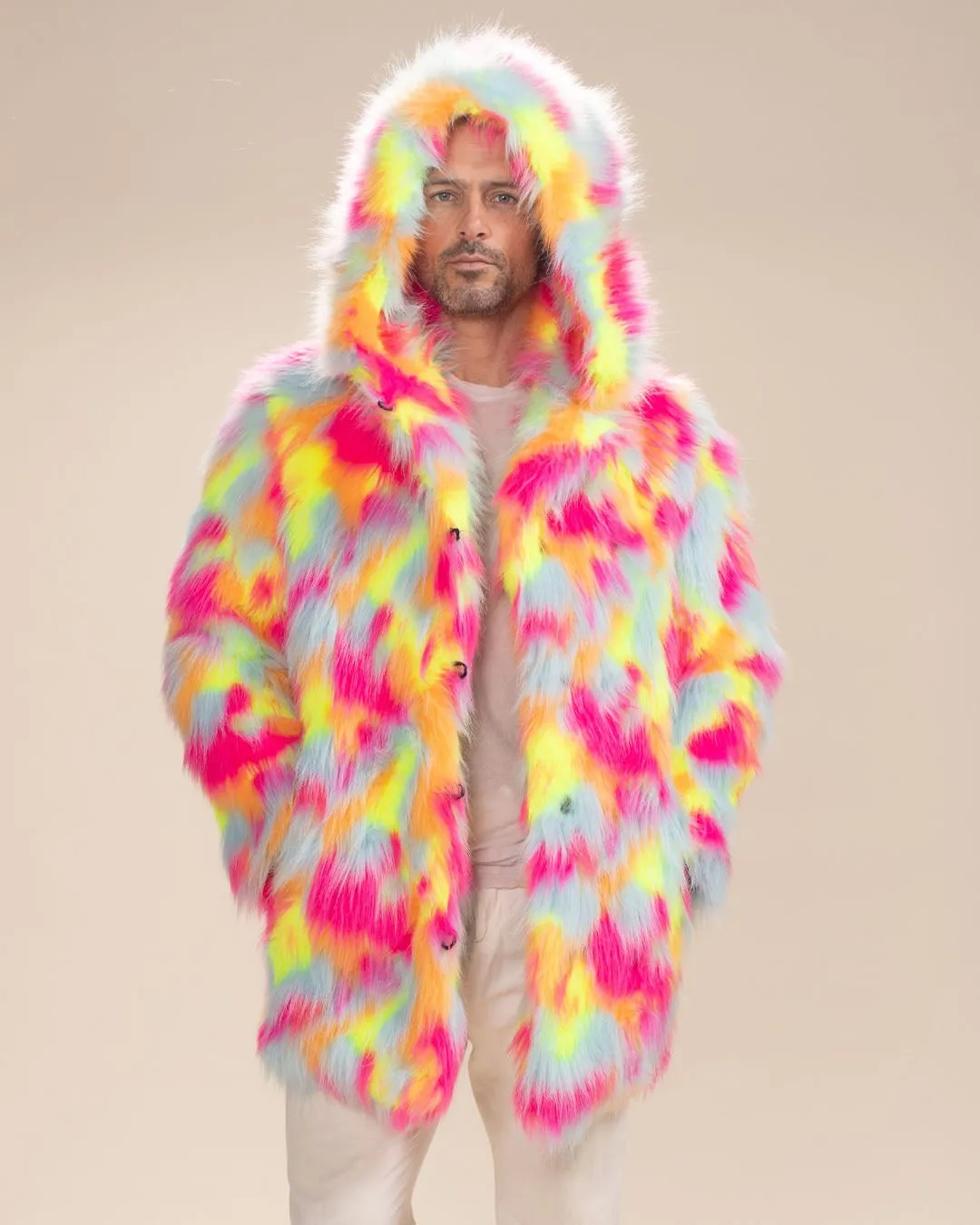 Hooded Men's Faux Fur Coat | Neon Calico Cat