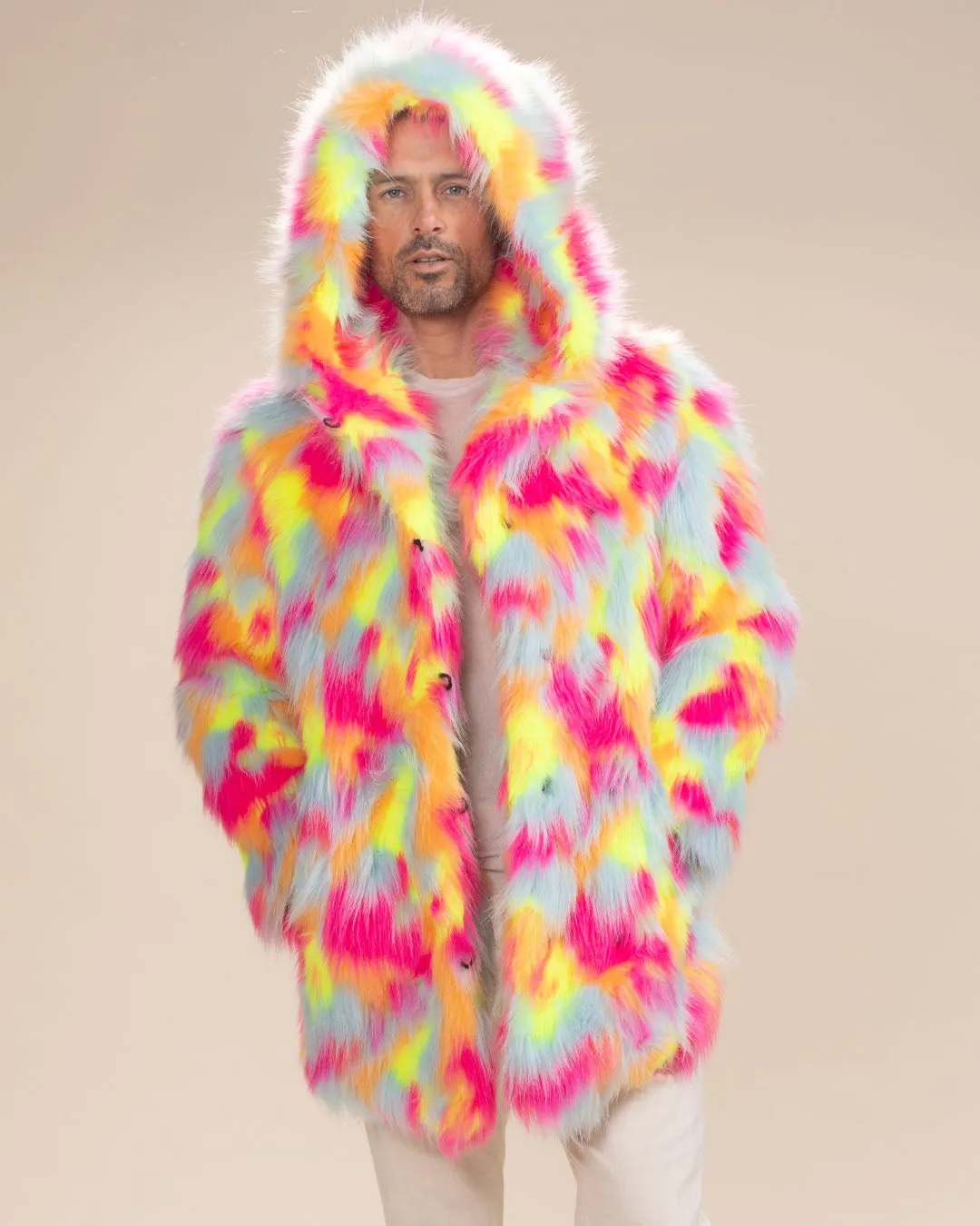 Hooded Men's Faux Fur Coat | Neon Calico Cat