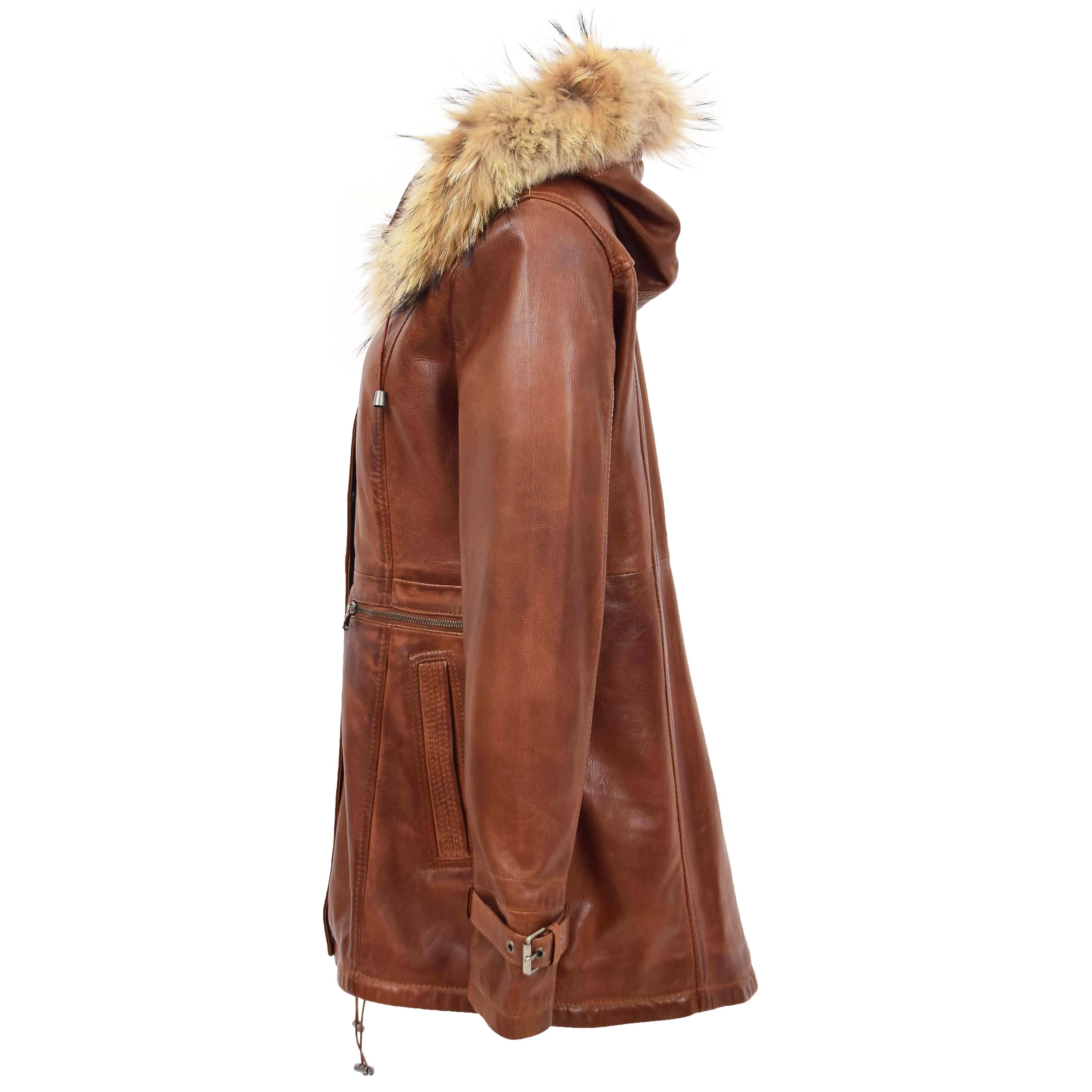 Ladies Genuine Cognac Leather Duffle Coat Removable Hood Parka Jacket Patty