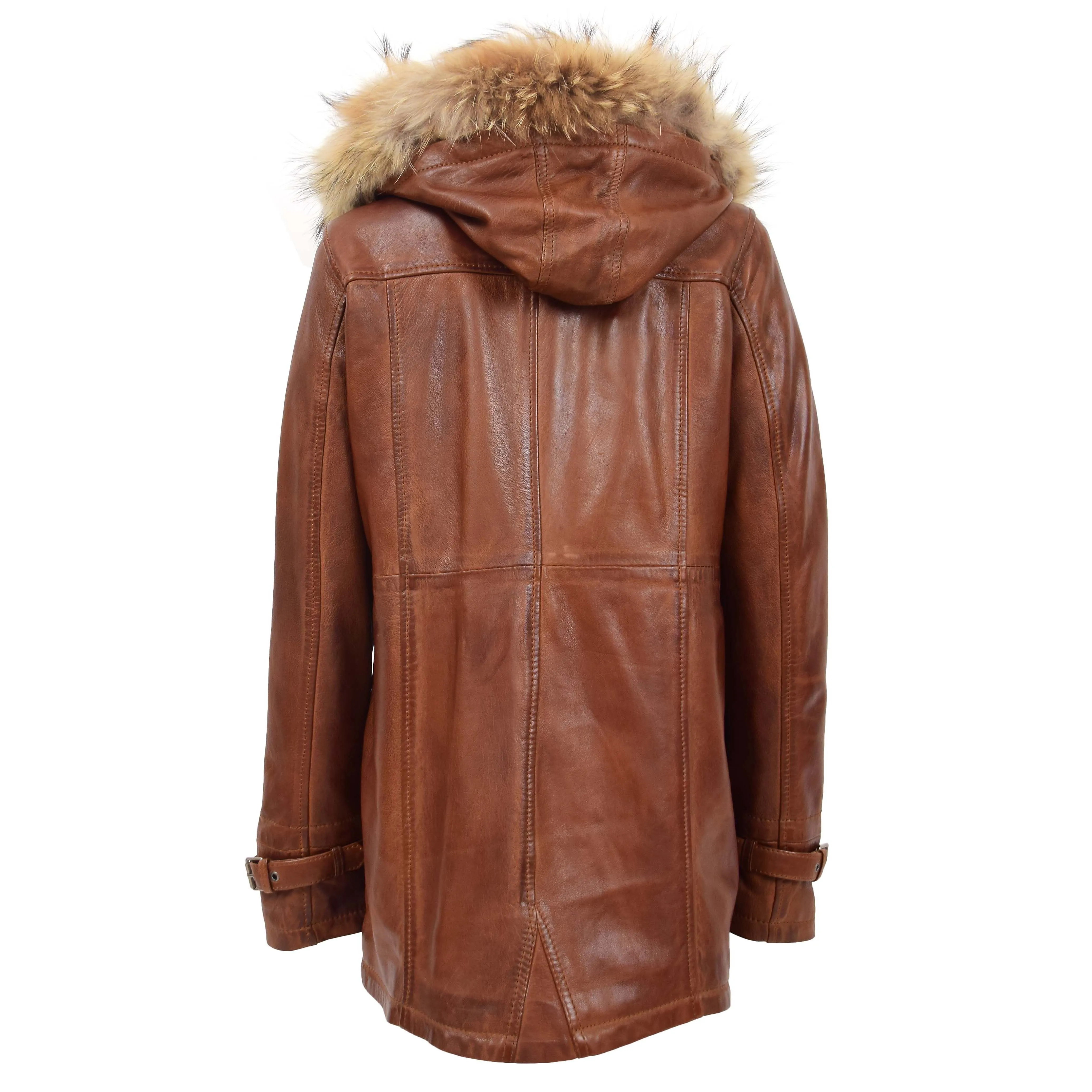 Ladies Genuine Cognac Leather Duffle Coat Removable Hood Parka Jacket Patty