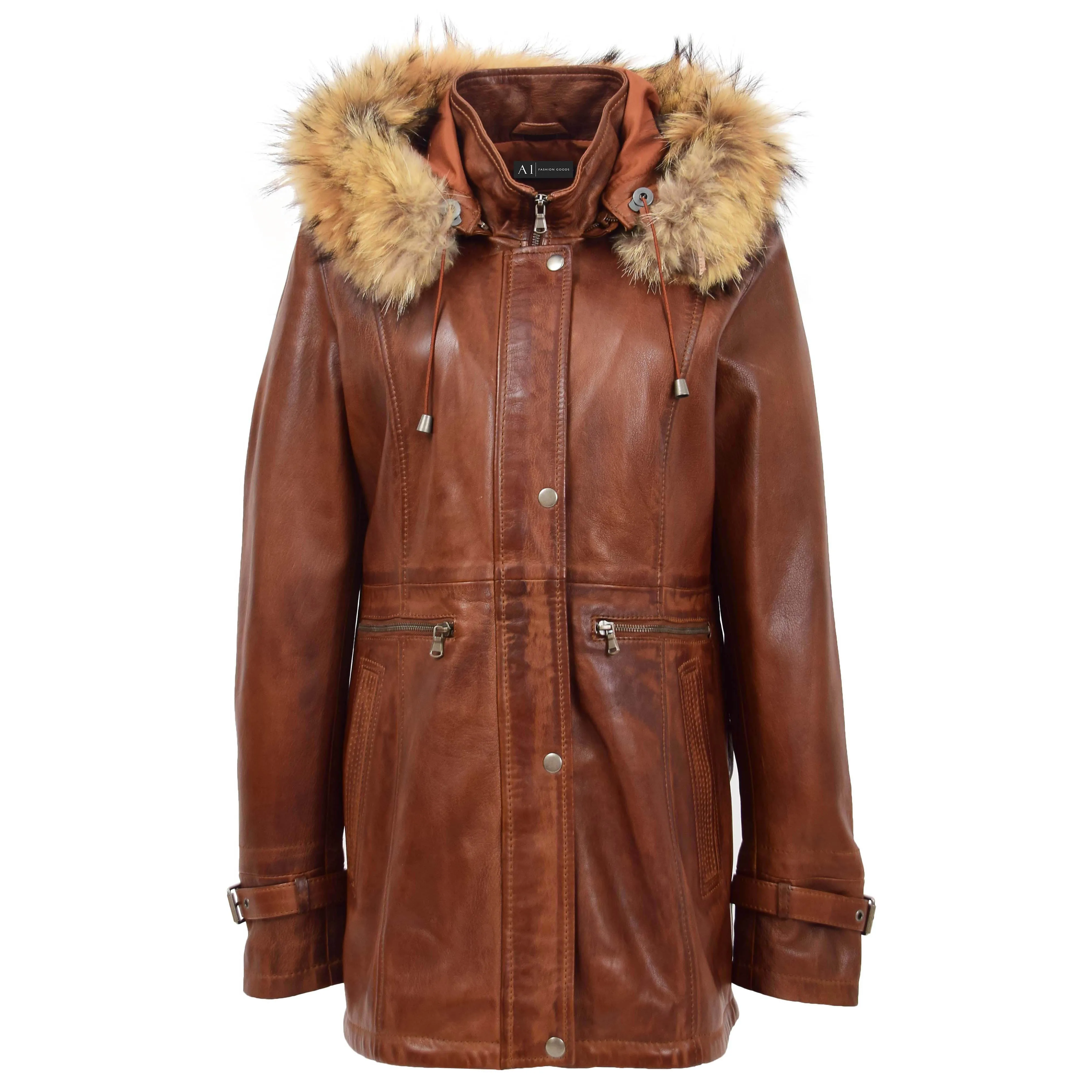 Ladies Genuine Cognac Leather Duffle Coat Removable Hood Parka Jacket Patty