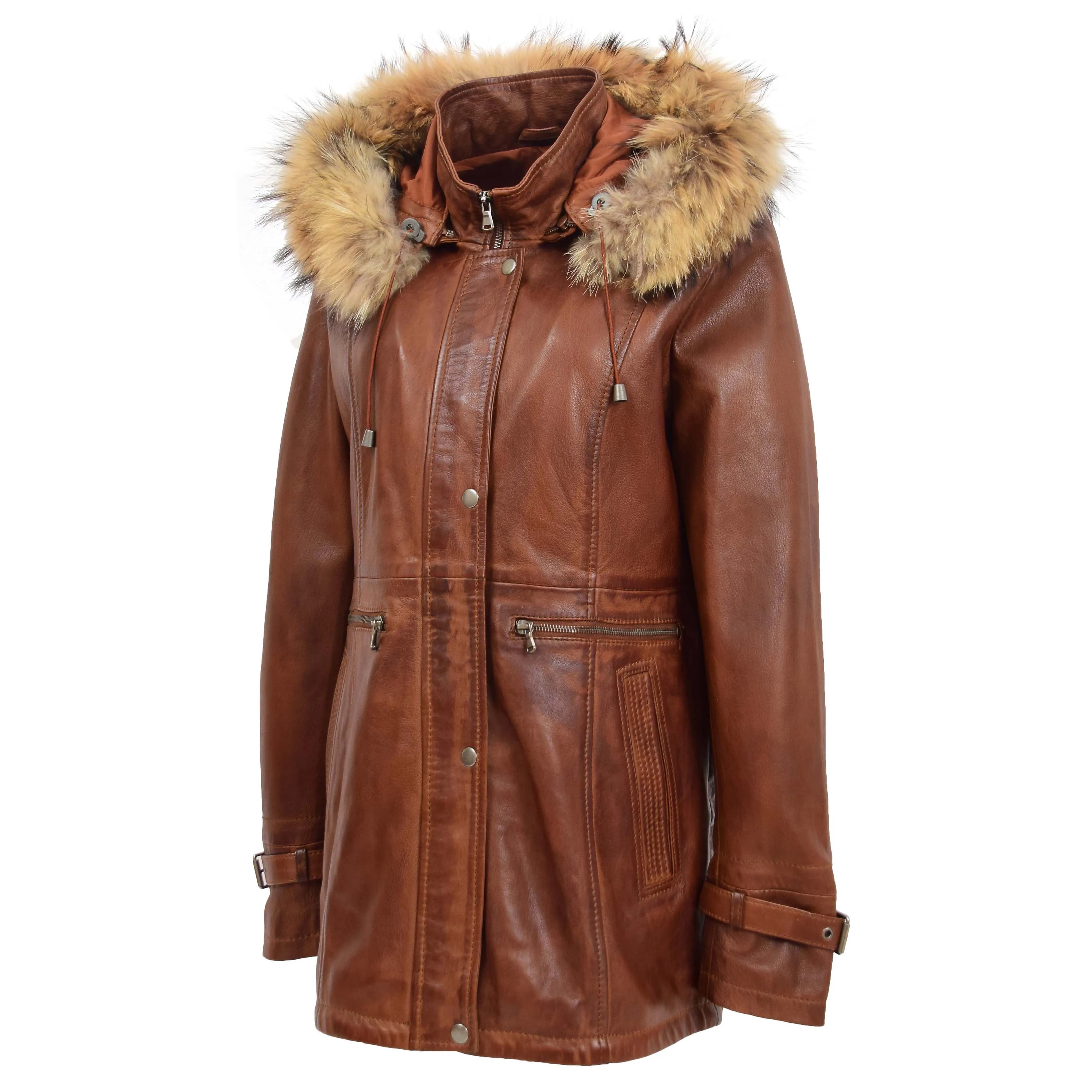 Ladies Genuine Cognac Leather Duffle Coat Removable Hood Parka Jacket Patty